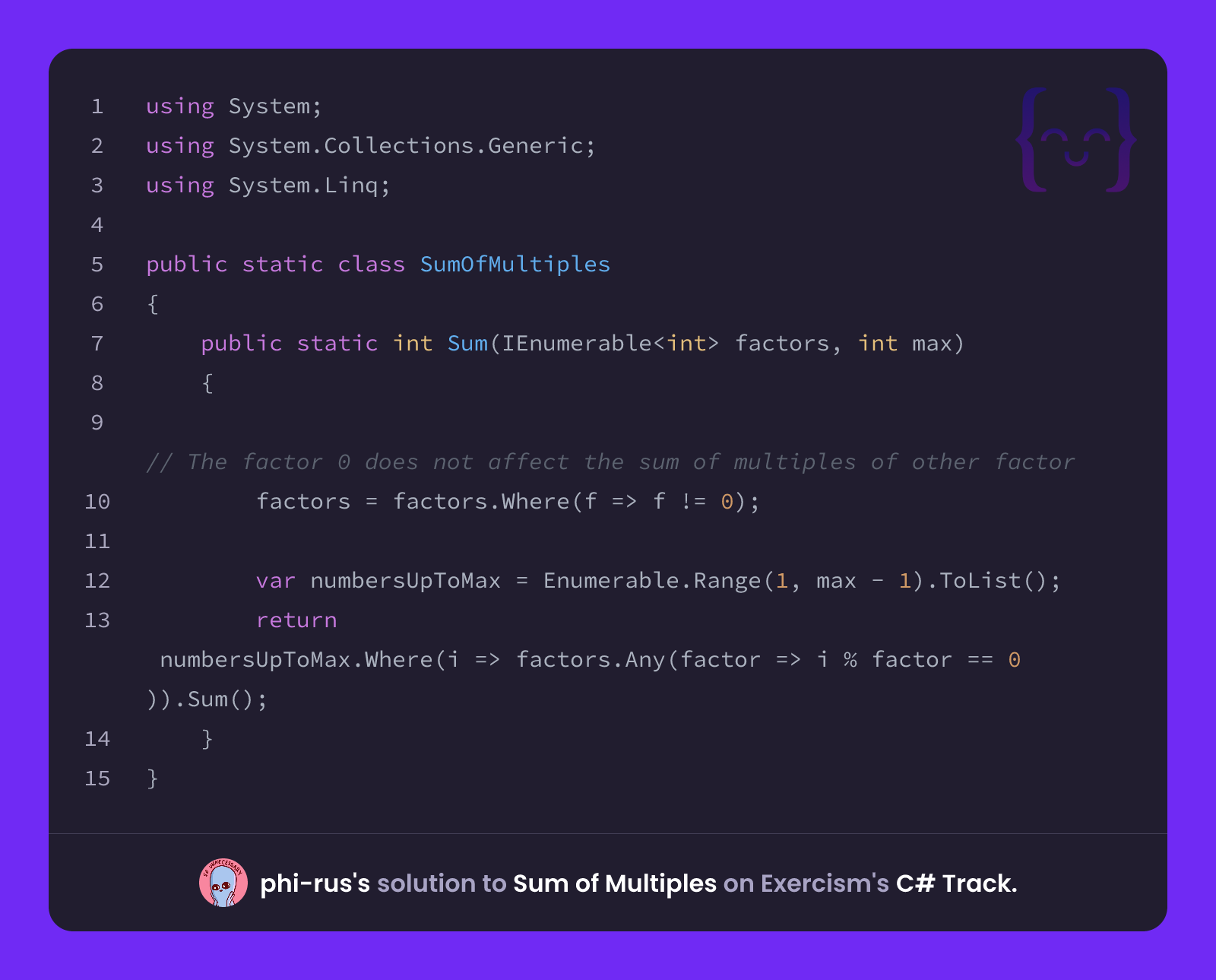 phi-rus's solution for Sum of Multiples in C# on Exercism