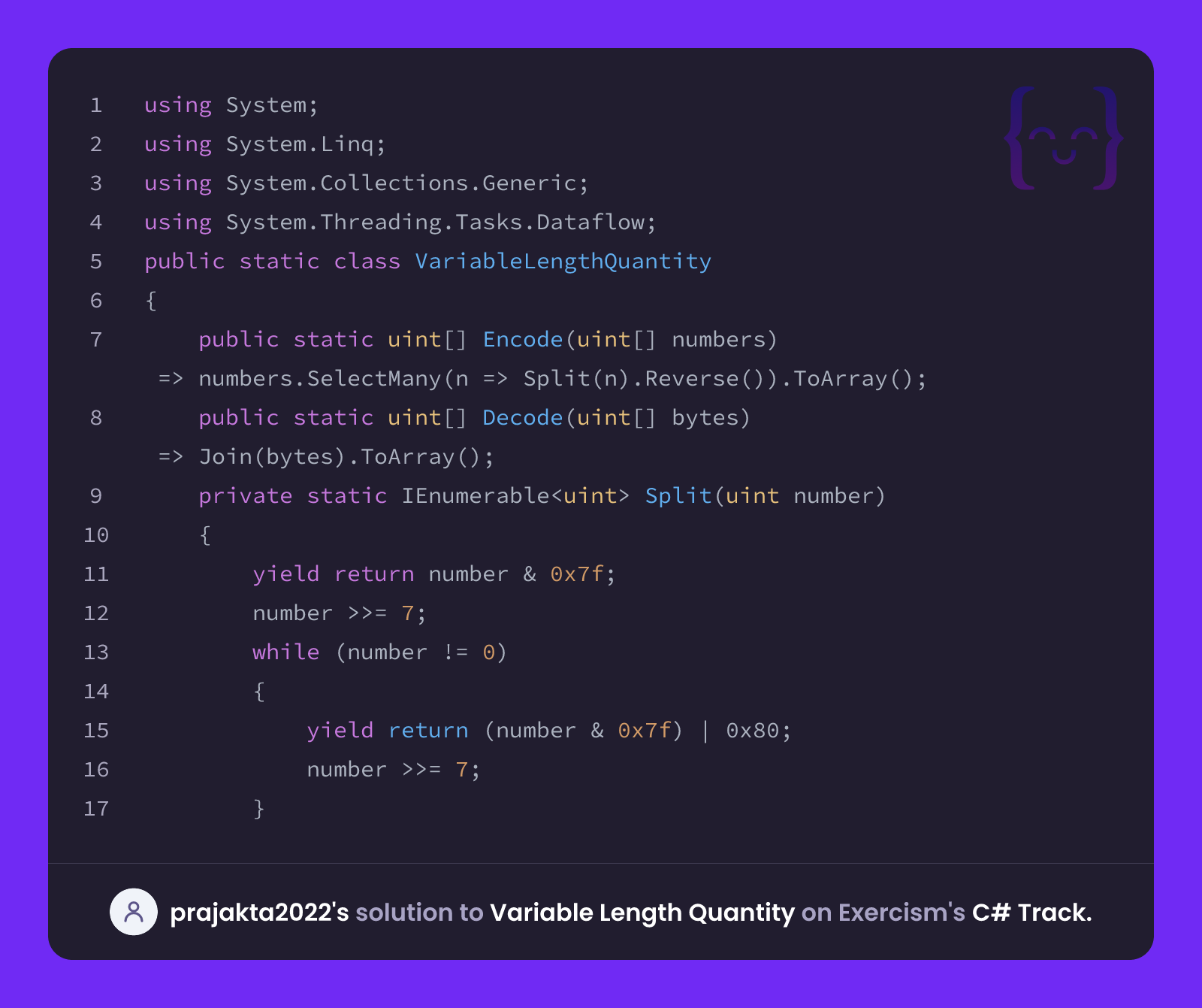 prajakta2022's solution for Variable Length Quantity in C# on Exercism