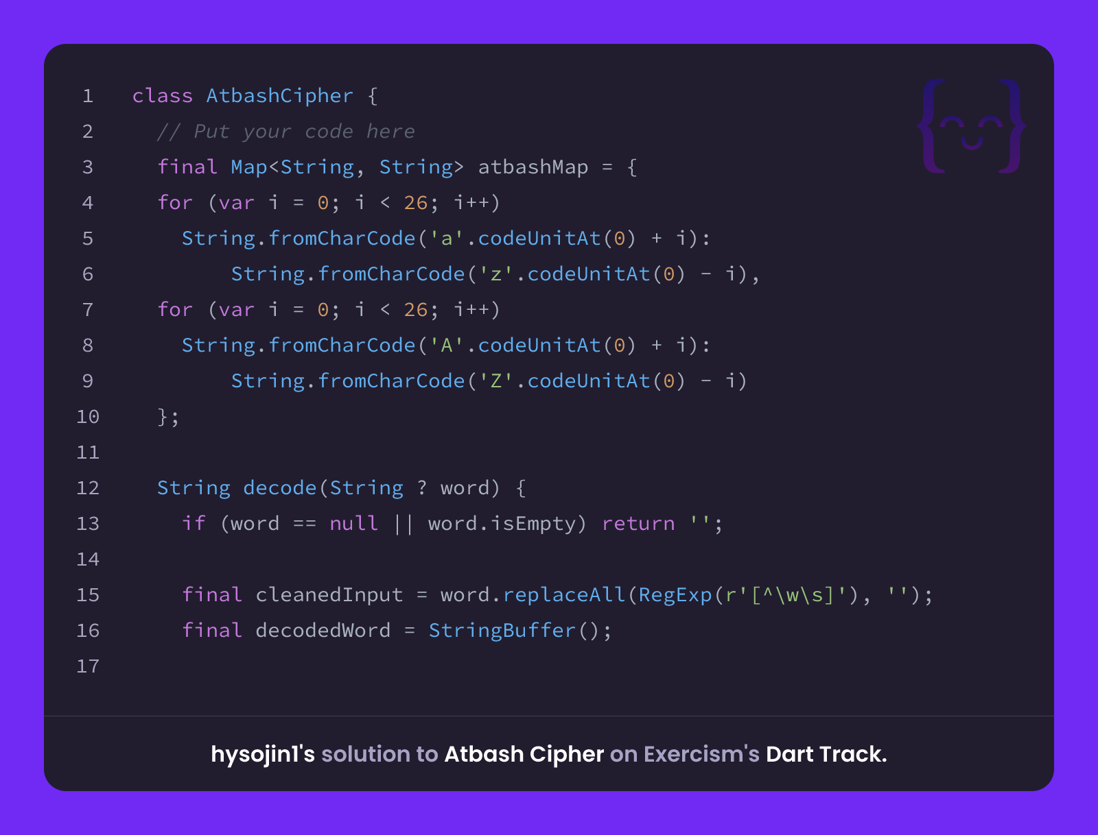 hysojin1's solution for Atbash Cipher in Dart on Exercism