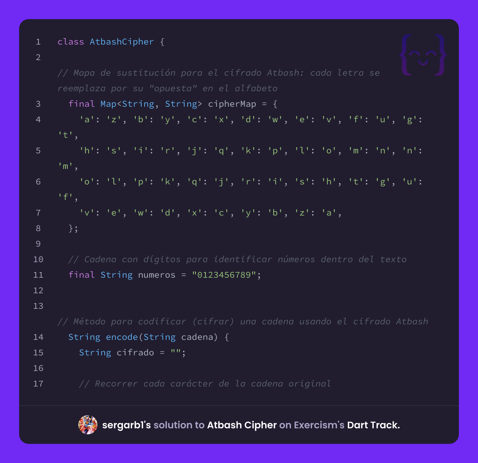 sergarb1's solution for Atbash Cipher in Dart on Exercism