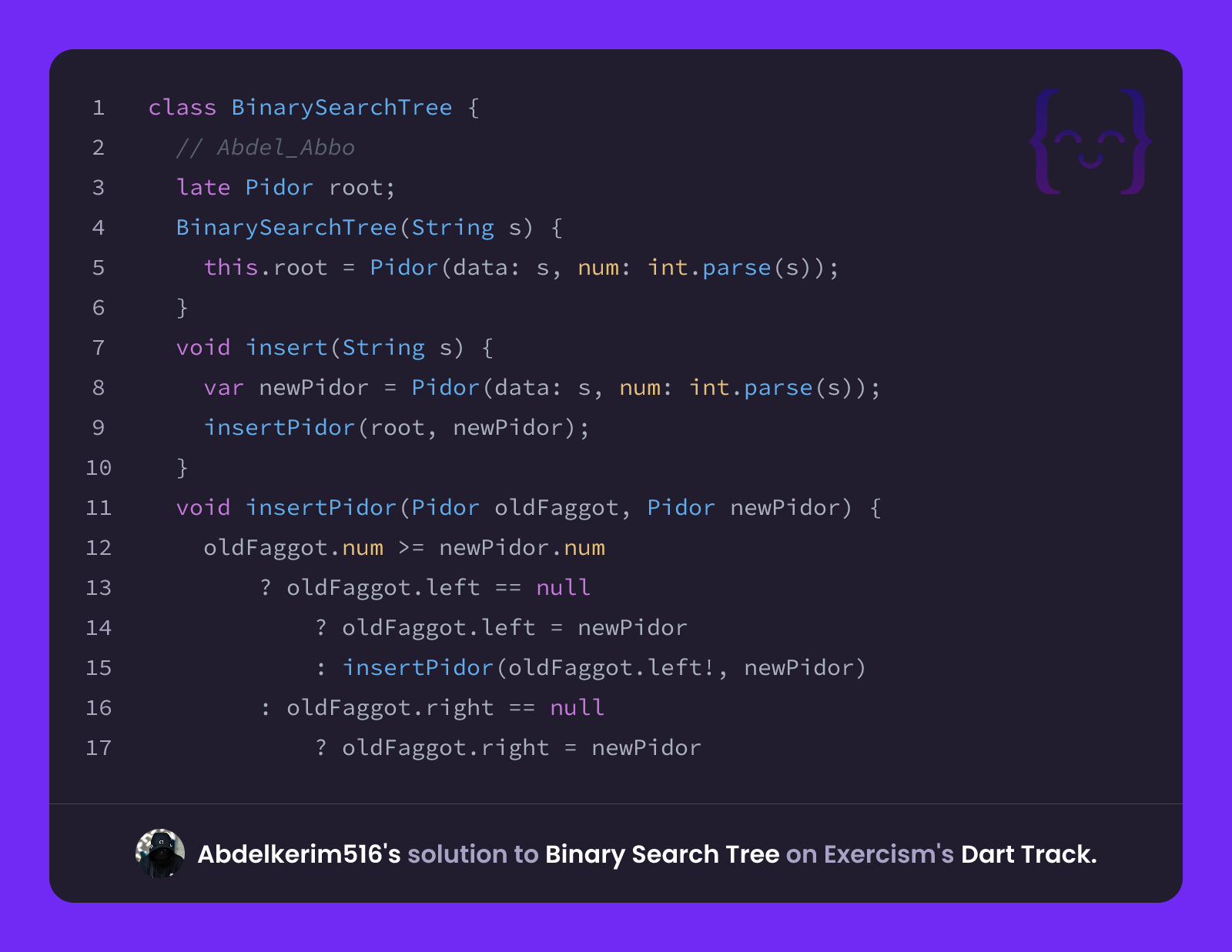 Abdelkerim516's solution for Binary Search Tree in Dart on Exercism