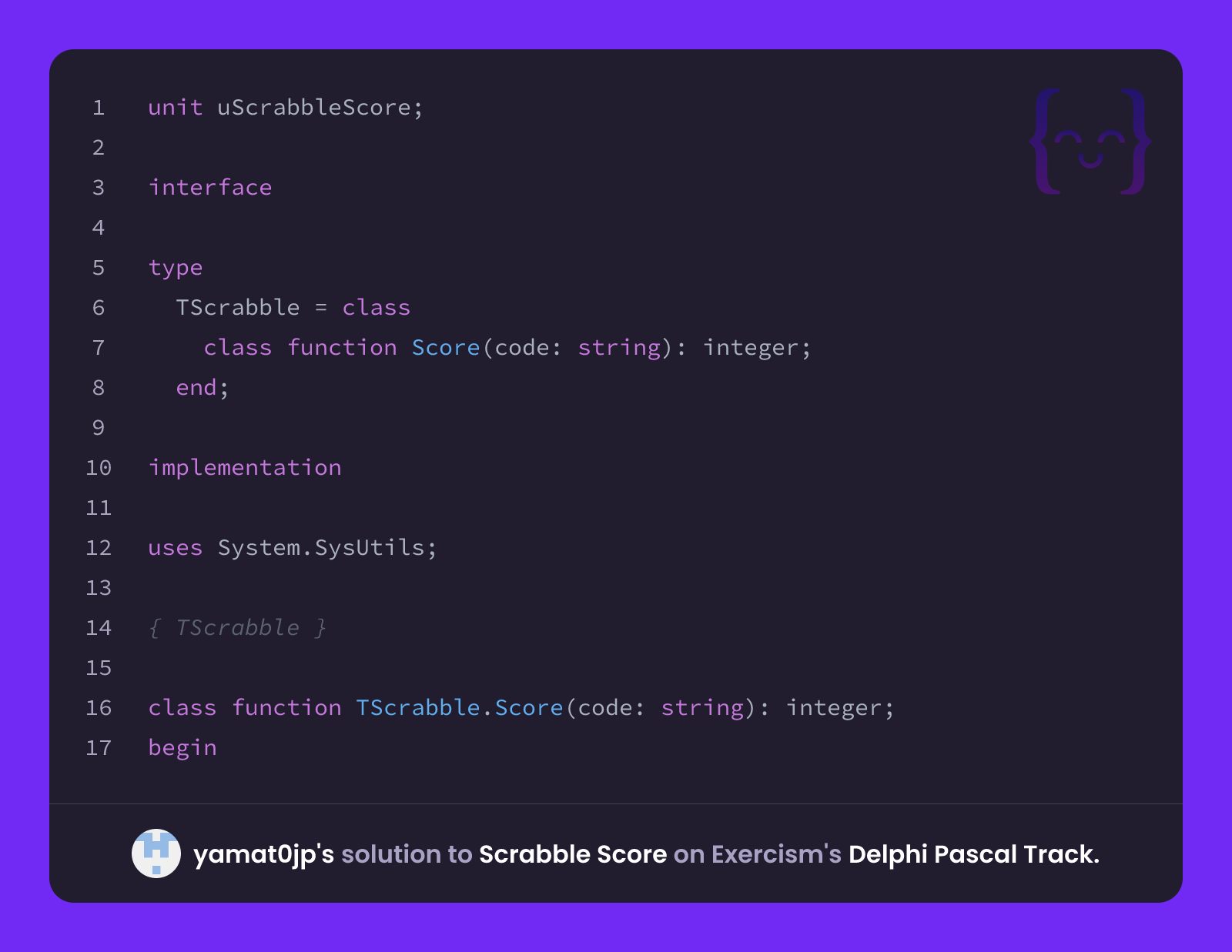 yamat0jp's solution for Scrabble Score in Delphi Pascal on Exercism