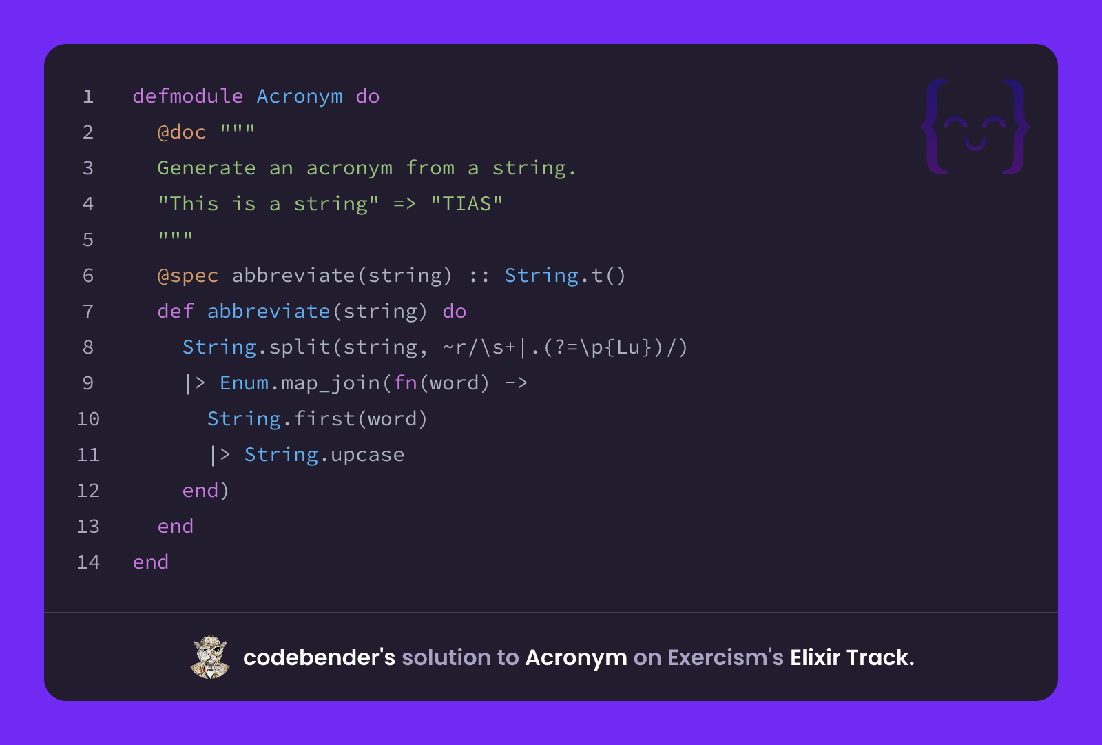 Last Code Bender codebender's solution for Acronym in Elixir on Exercism