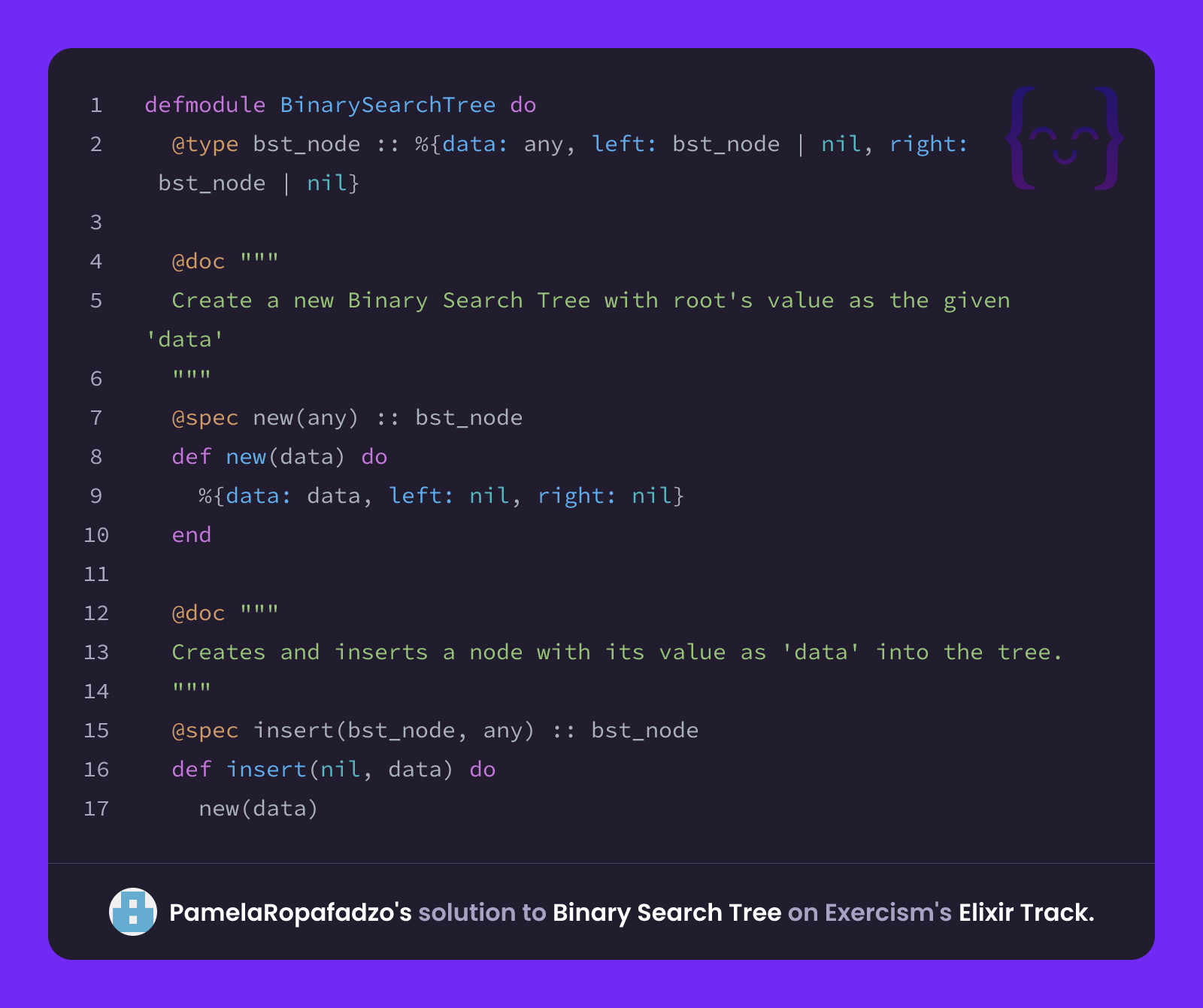 PamelaRopafadzo's solution for Binary Search Tree in Elixir on Exercism