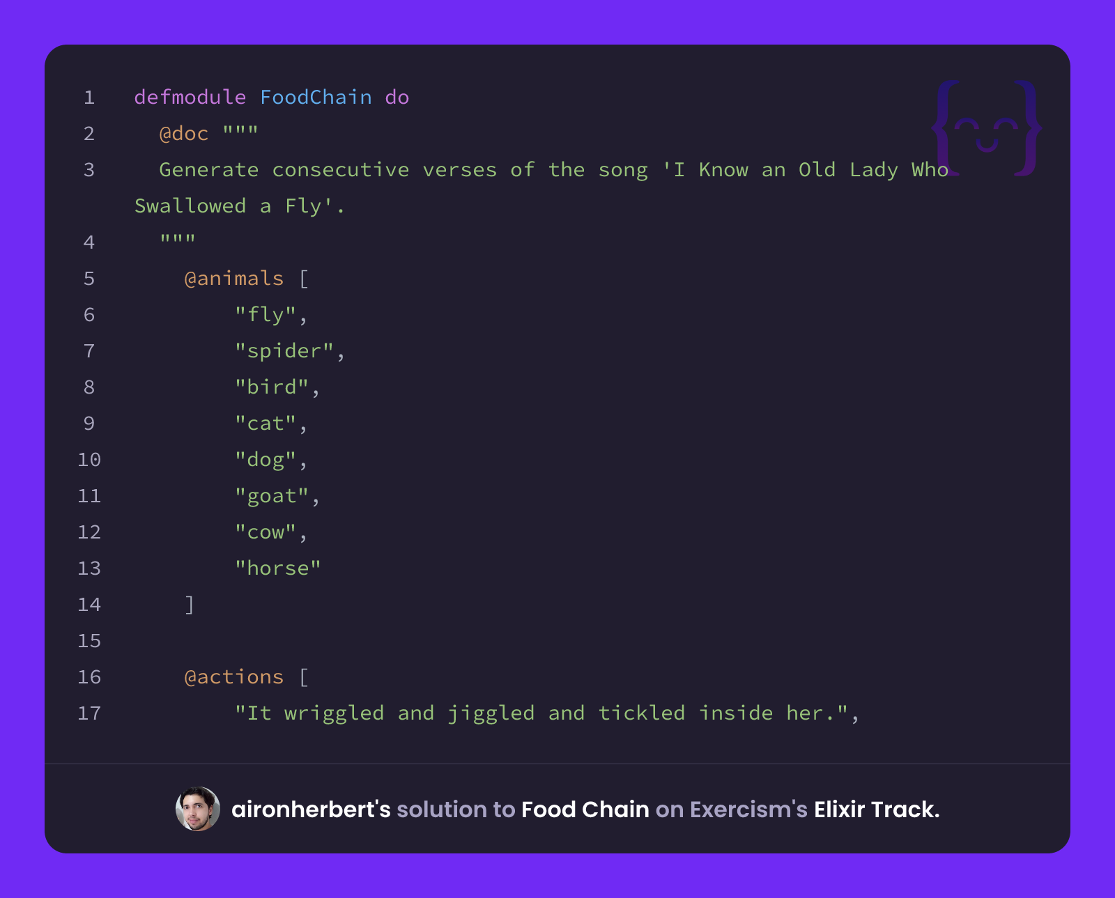 Elixir Chain aironherbert's solution for Food Chain in Elixir on Exercism