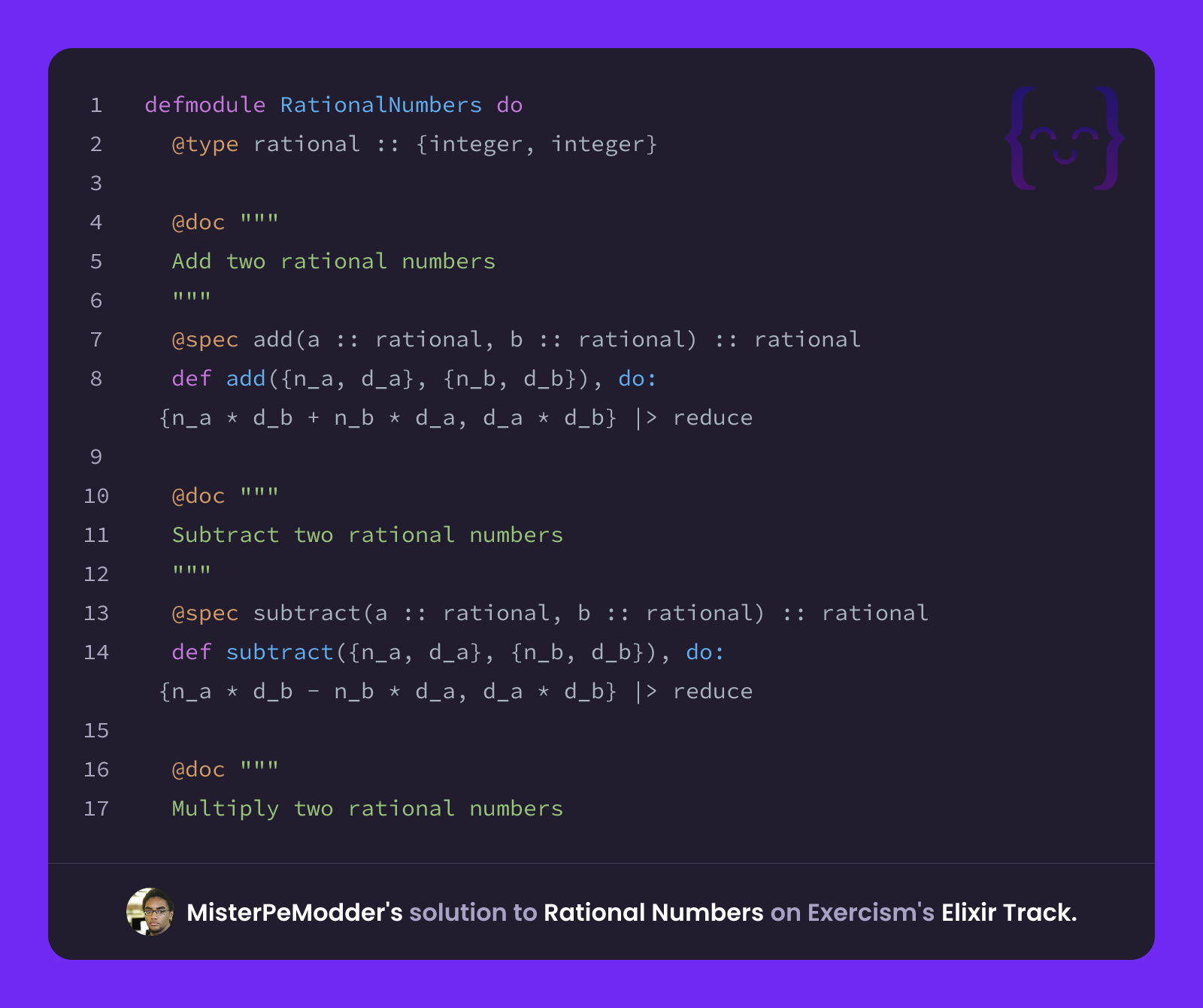 MisterPeModder's solution for Rational Numbers in Elixir on Exercism