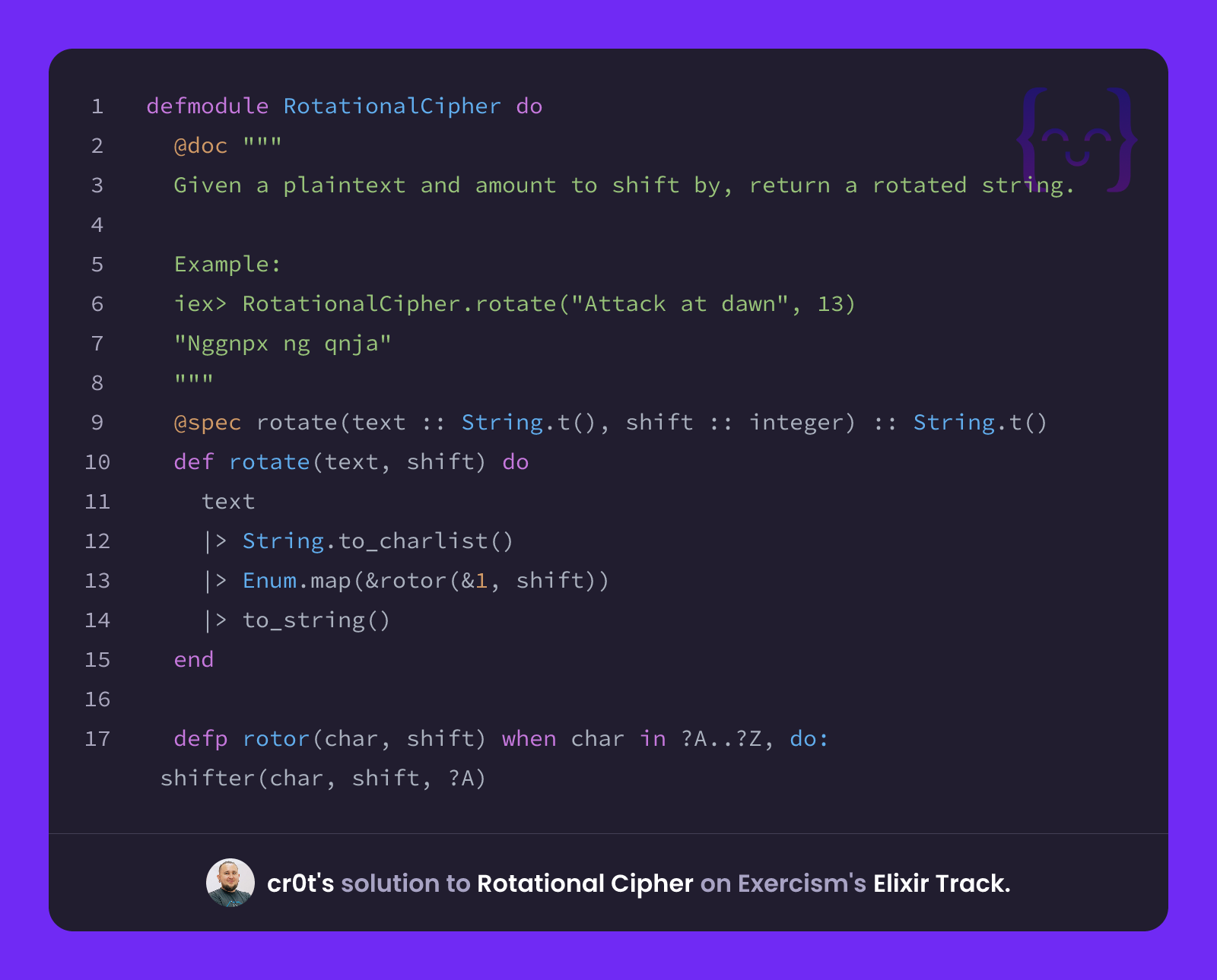 cr0t's solution for Rotational Cipher in Elixir on Exercism