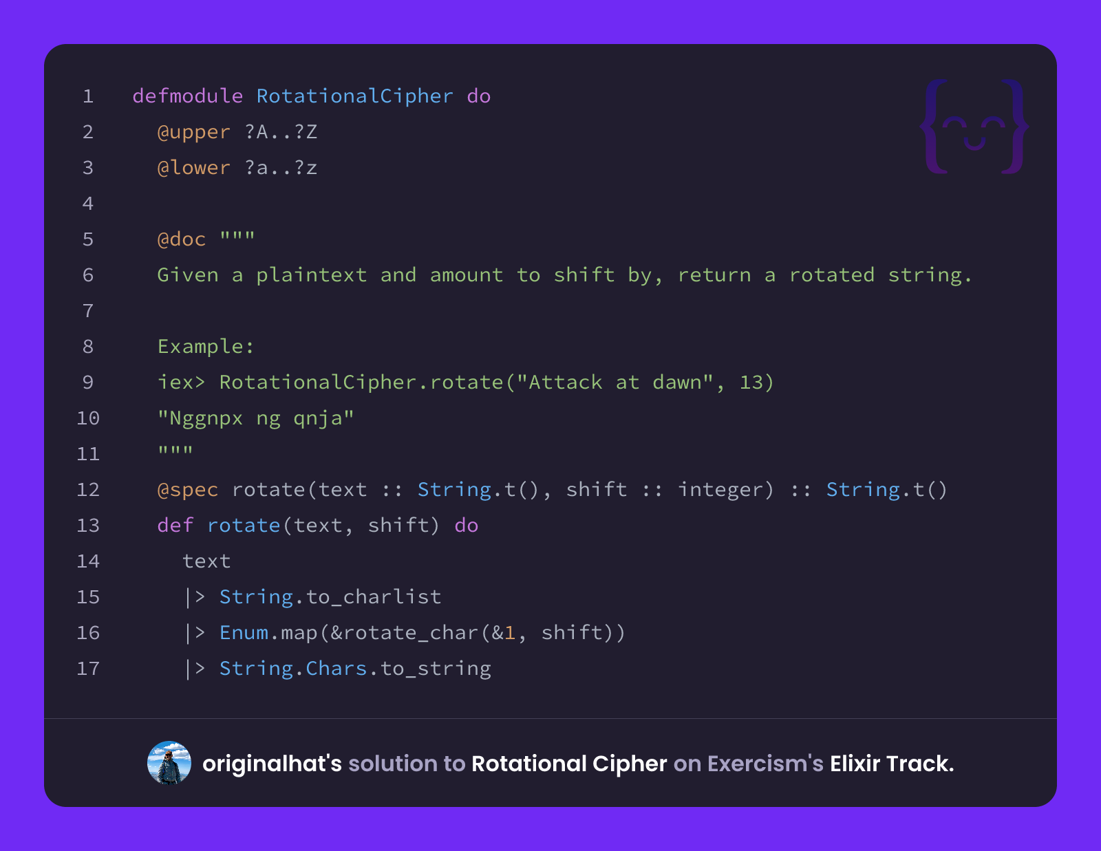 Elixir Rivals Hat Patterns originalhat's solution for Rotational Cipher in Elixir on Exercism
