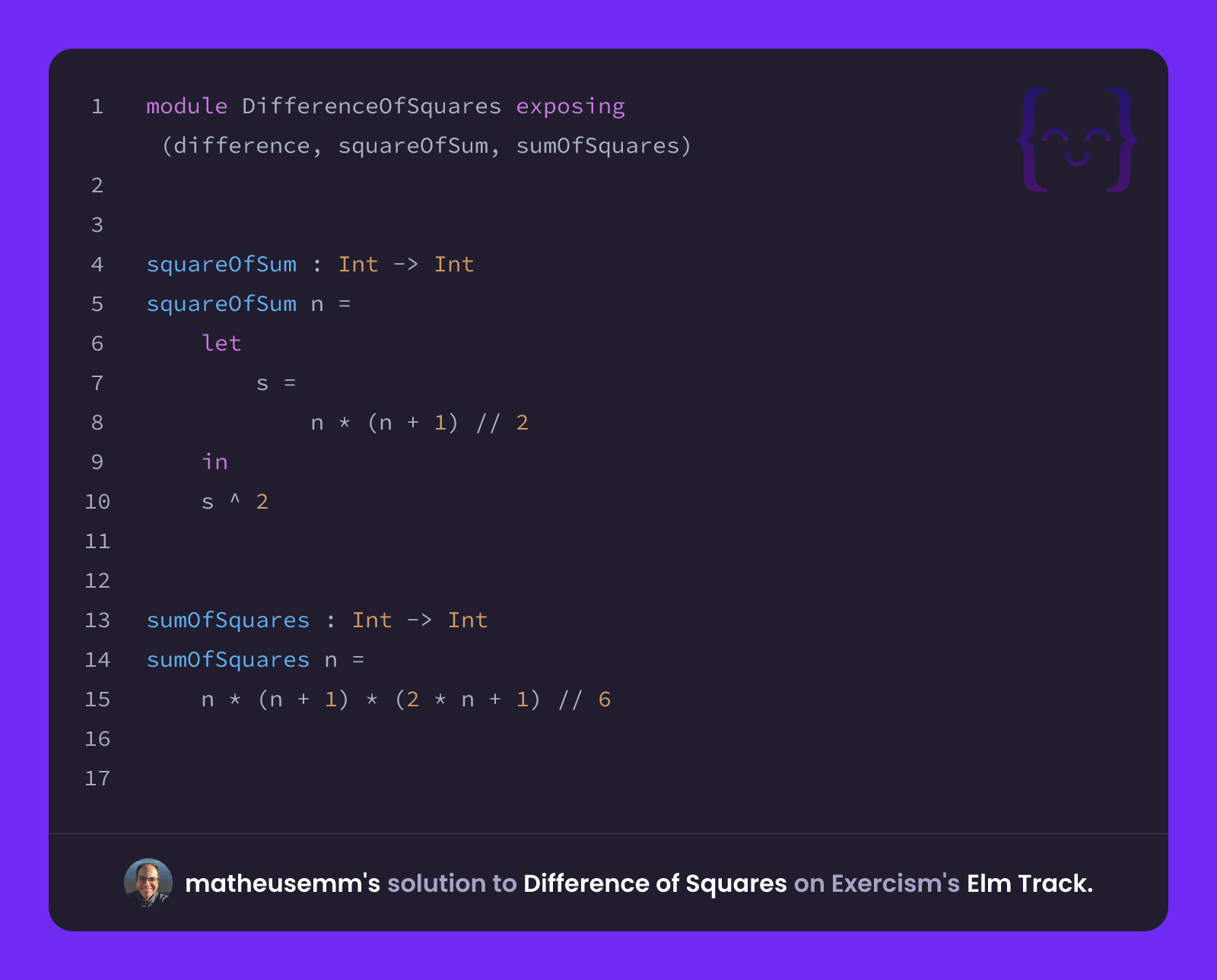 matheusemm's solution for Difference of Squares in Elm on Exercism