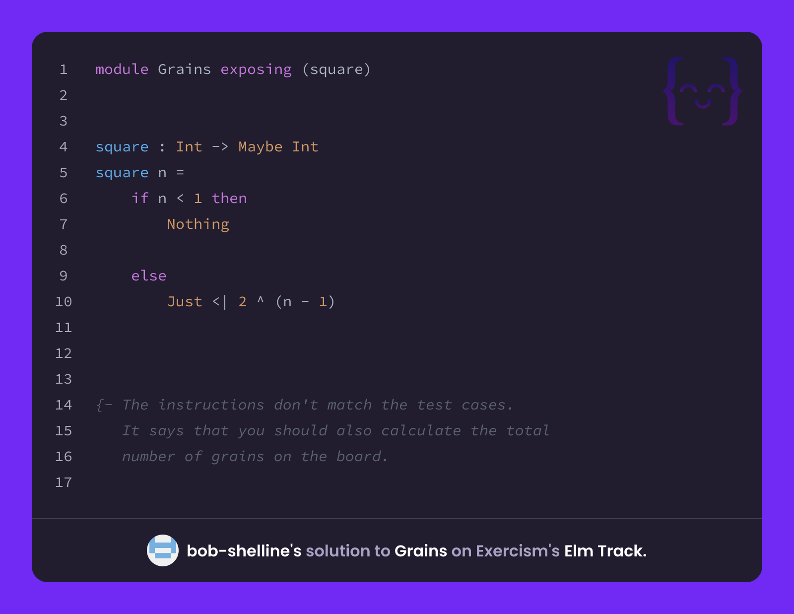 Shelline Writing bob-shelline's solution for Grains in Elm on Exercism