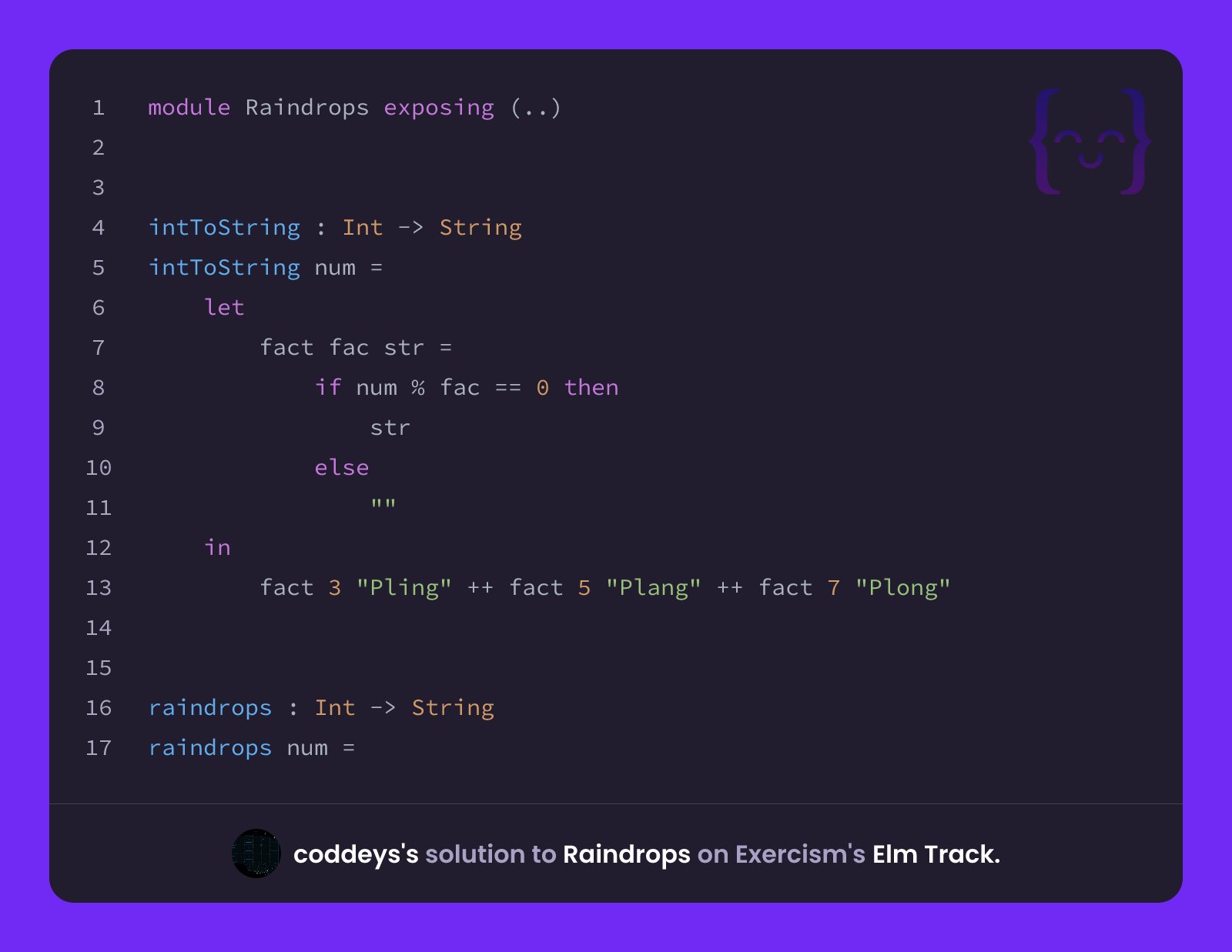 coddeys's solution for Raindrops in Elm on Exercism