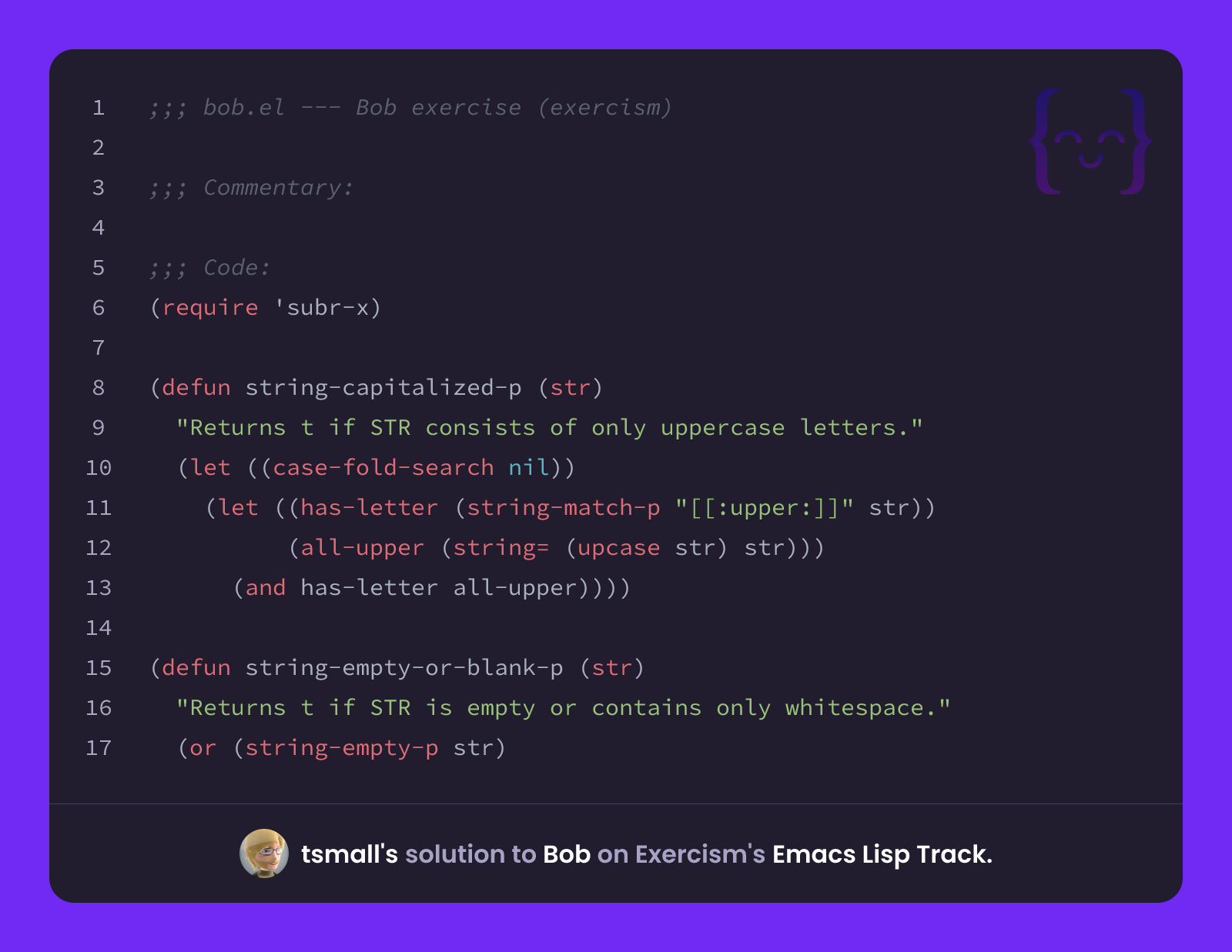 tsmall's solution for Bob in Emacs Lisp on Exercism