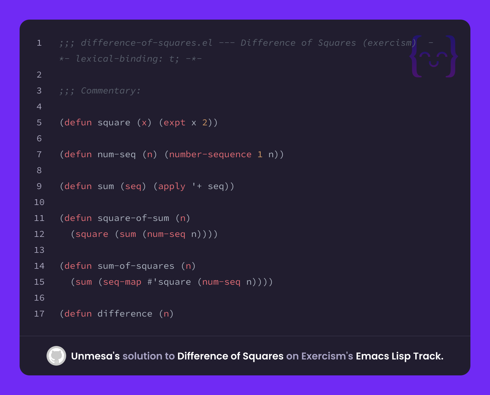 Unmesa's solution for Difference of Squares in Emacs Lisp on Exercism