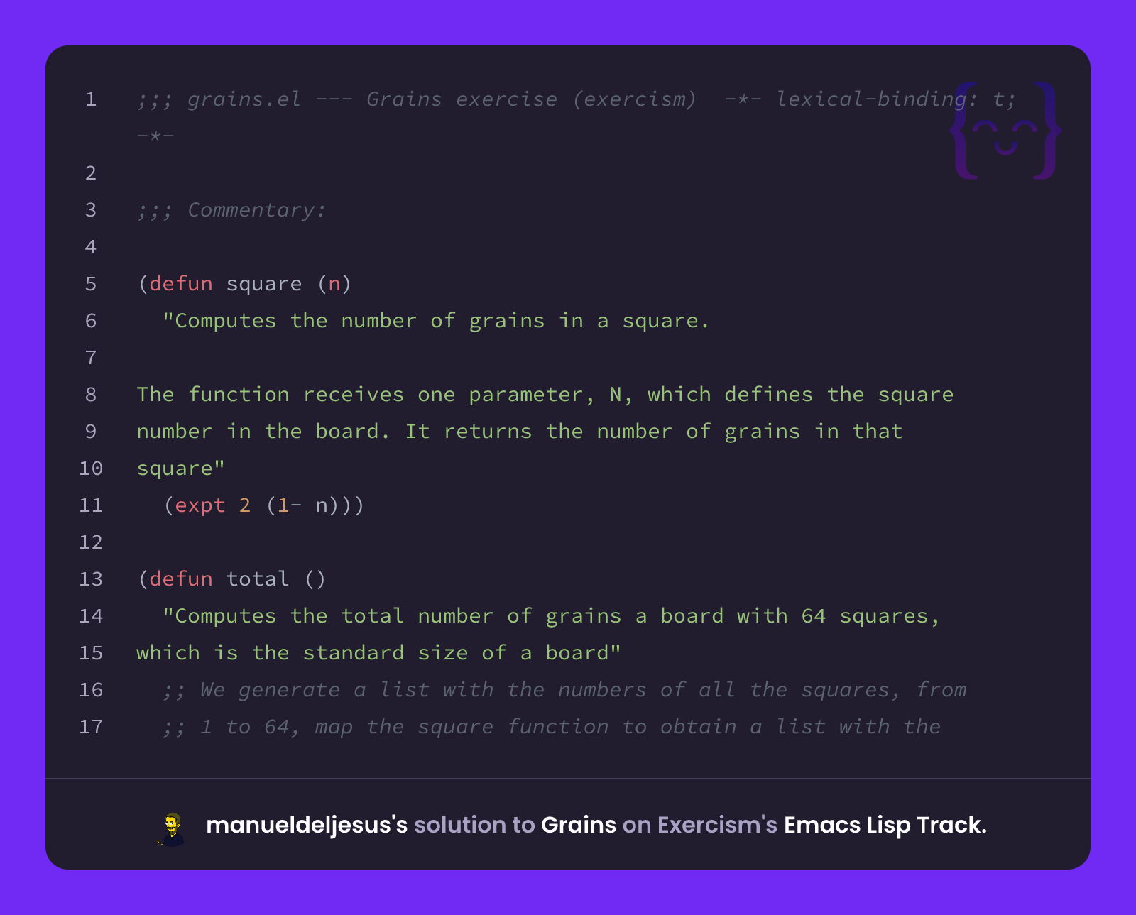 manueldeljesus's solution for Grains in Emacs Lisp on Exercism