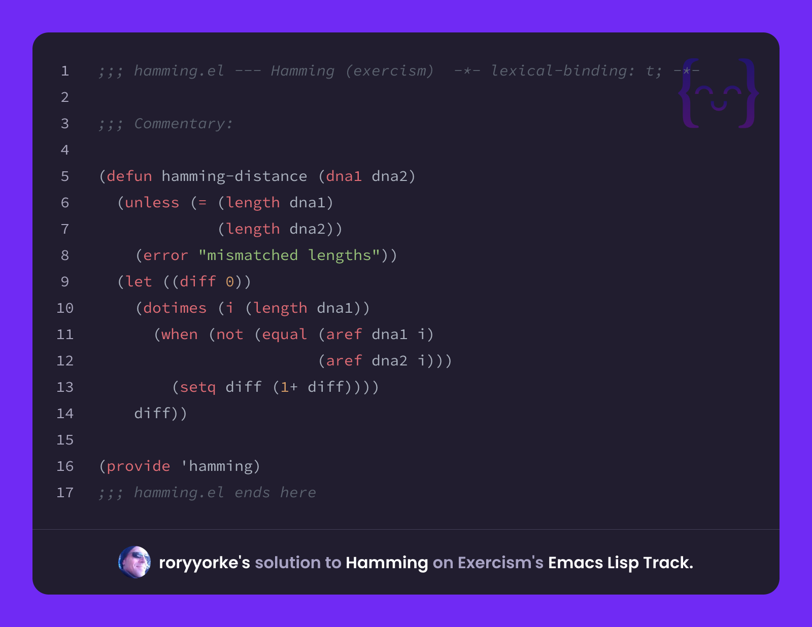 roryyorke's solution for Hamming in Emacs Lisp on Exercism