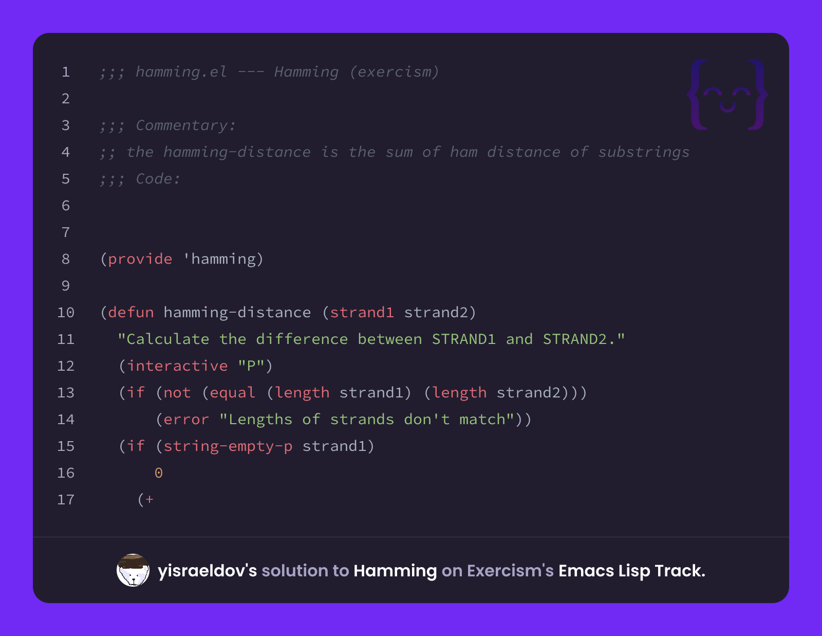 yisraeldov's solution for Hamming in Emacs Lisp on Exercism