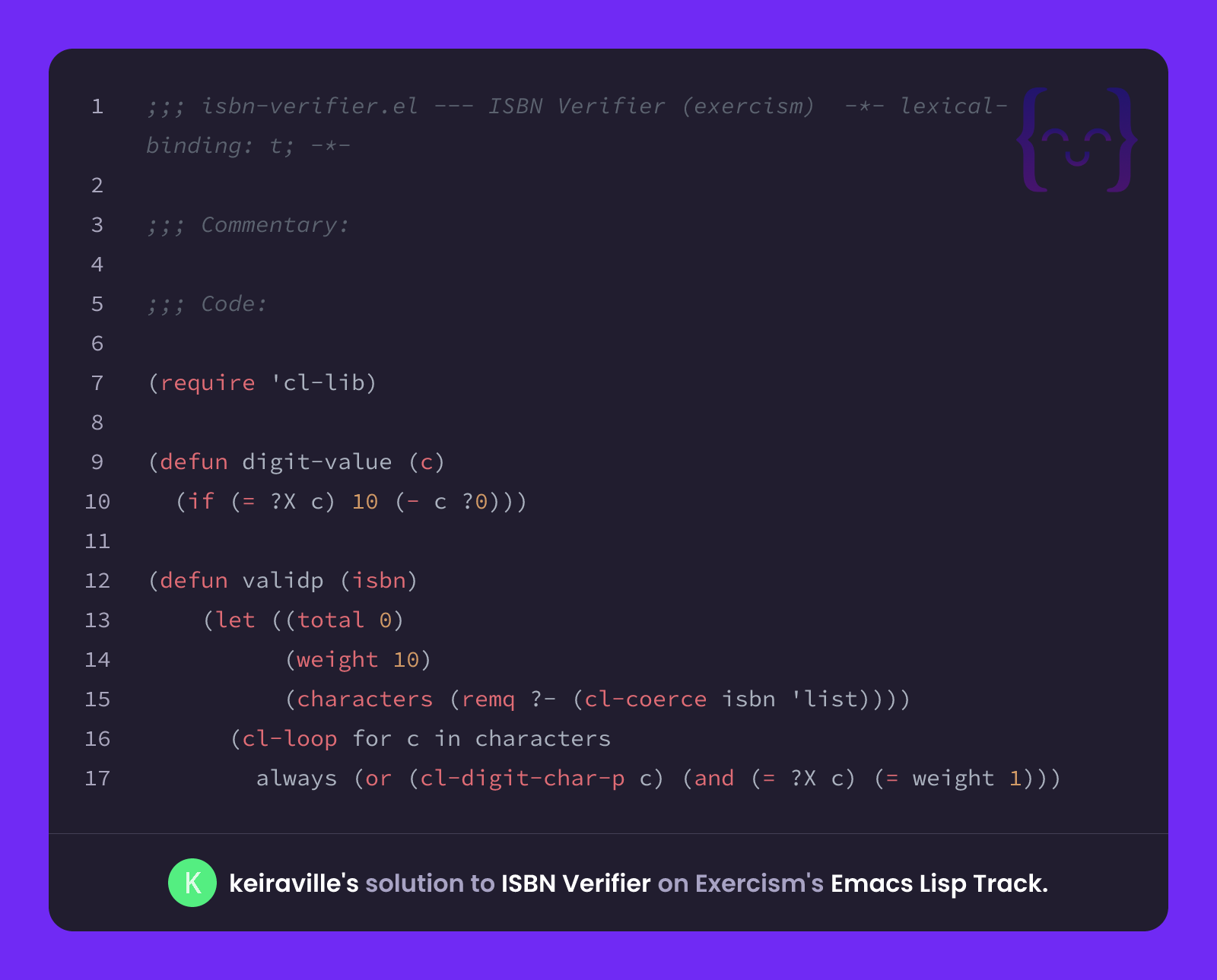 keiraville's solution for ISBN Verifier in Emacs Lisp on Exercism