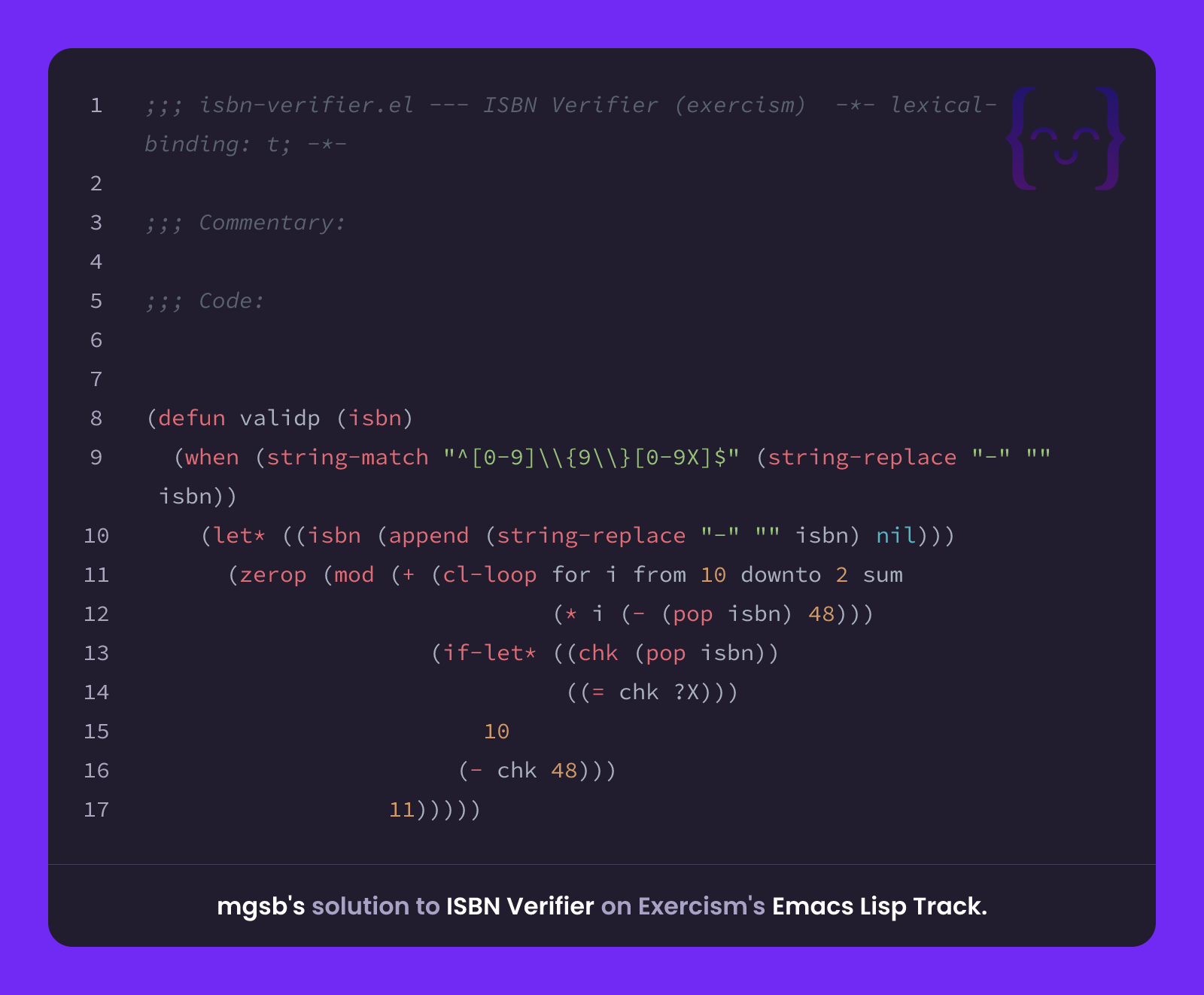 mgsb's solution for ISBN Verifier in Emacs Lisp on Exercism