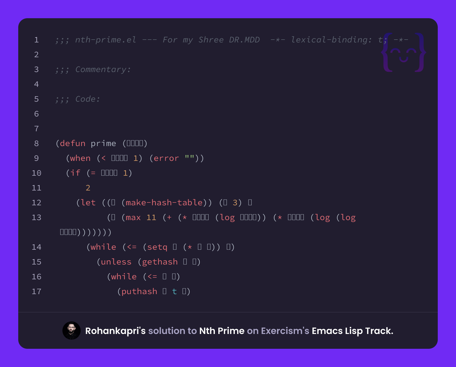 Rohankapri's solution for Nth Prime in Emacs Lisp on Exercism
