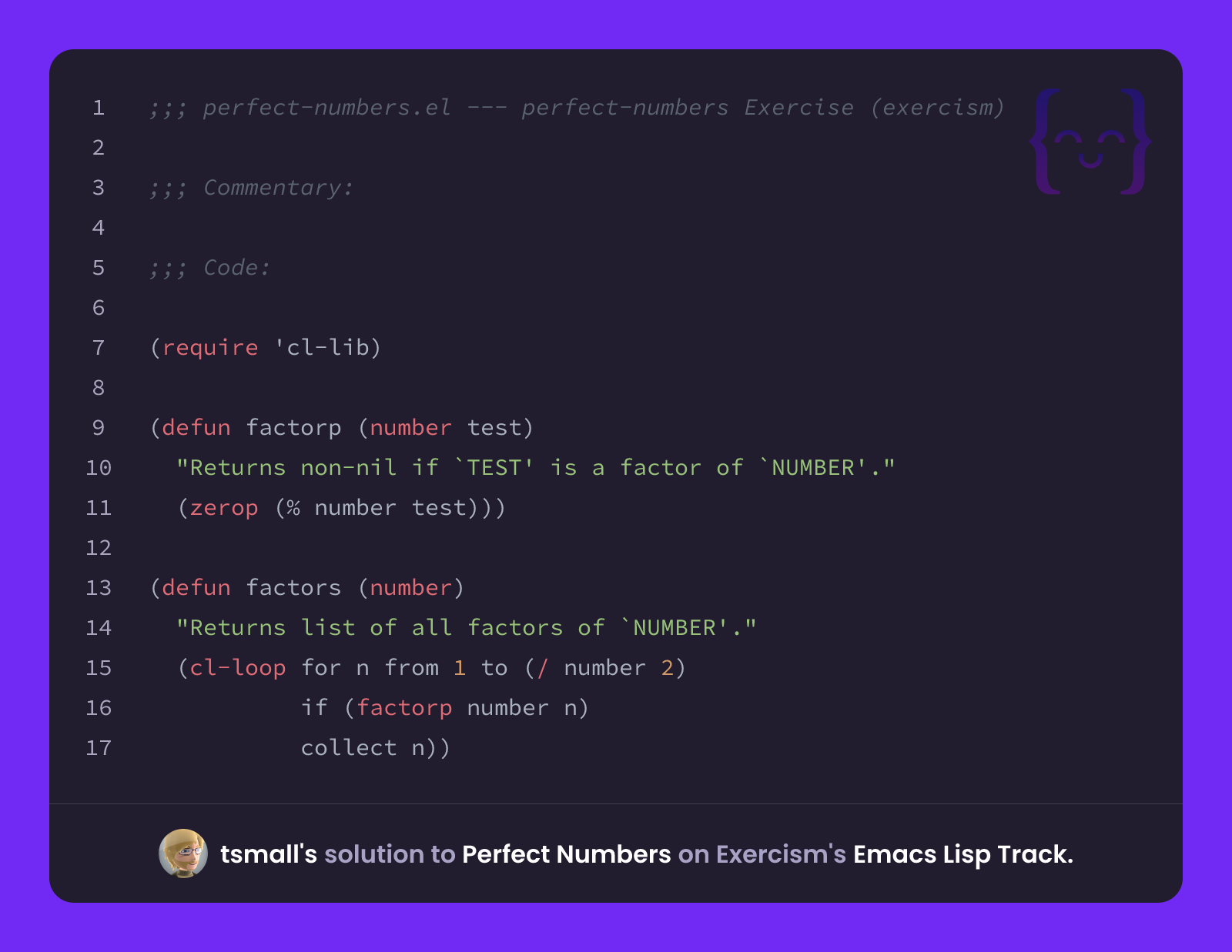tsmall's solution for Perfect Numbers in Emacs Lisp on Exercism