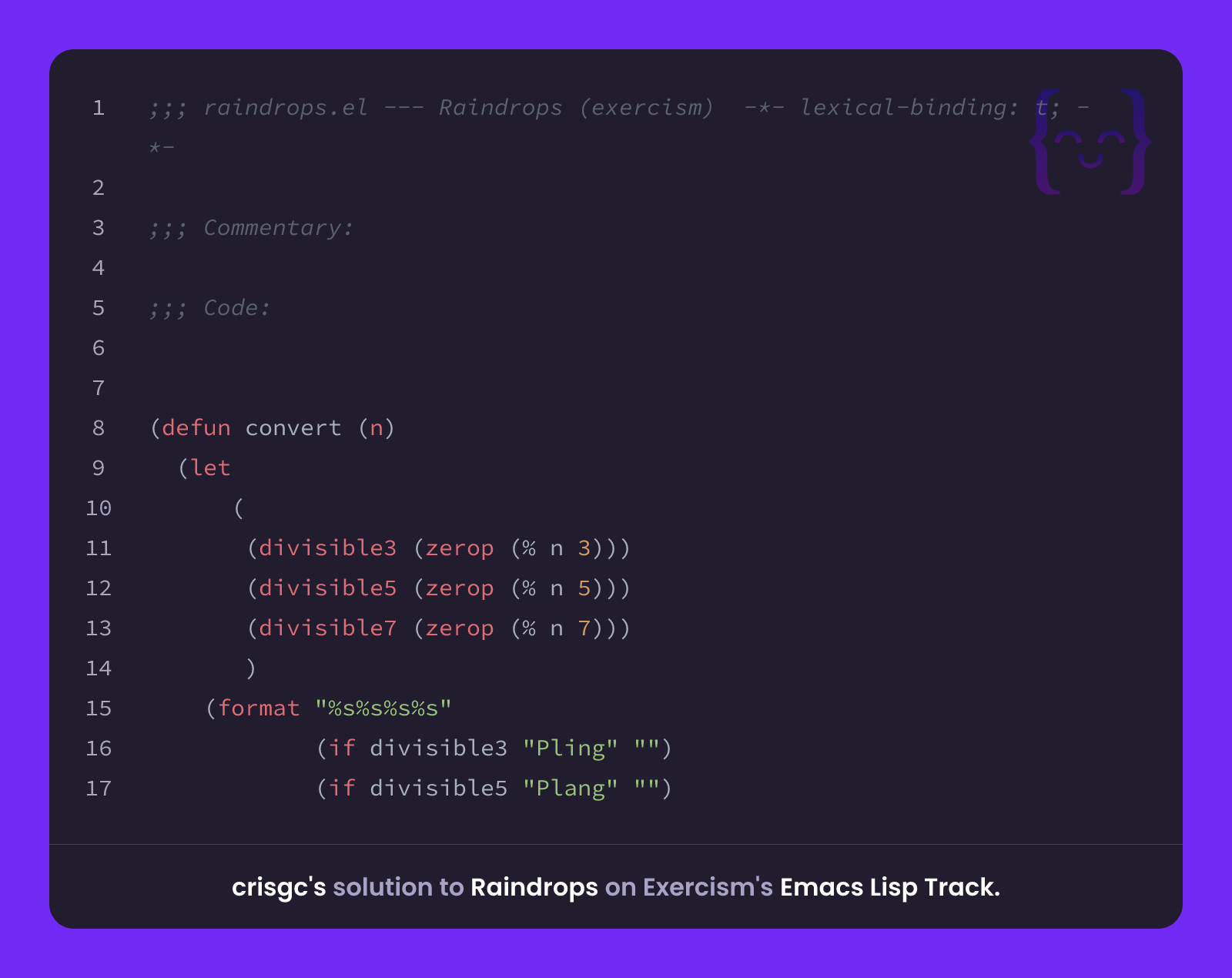 crisgc's solution for Raindrops in Emacs Lisp on Exercism