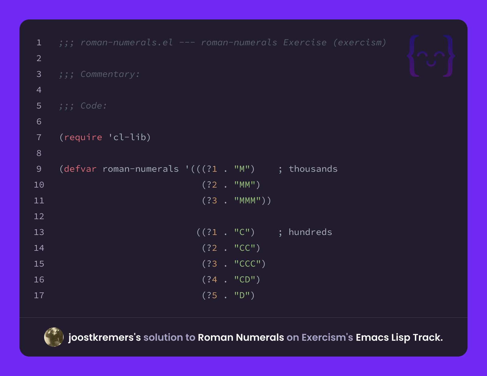 joostkremers's solution for Roman Numerals in Emacs Lisp on Exercism