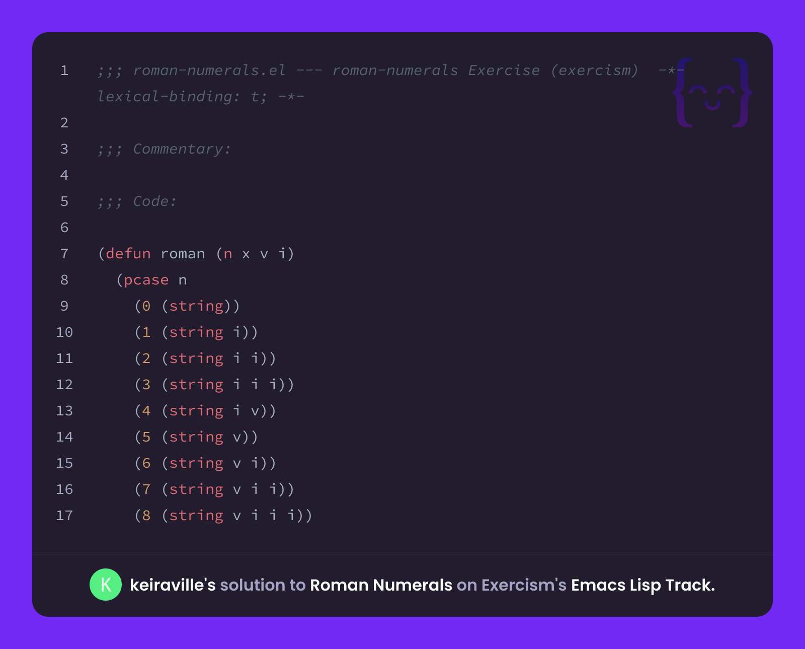 keiraville's solution for Roman Numerals in Emacs Lisp on Exercism