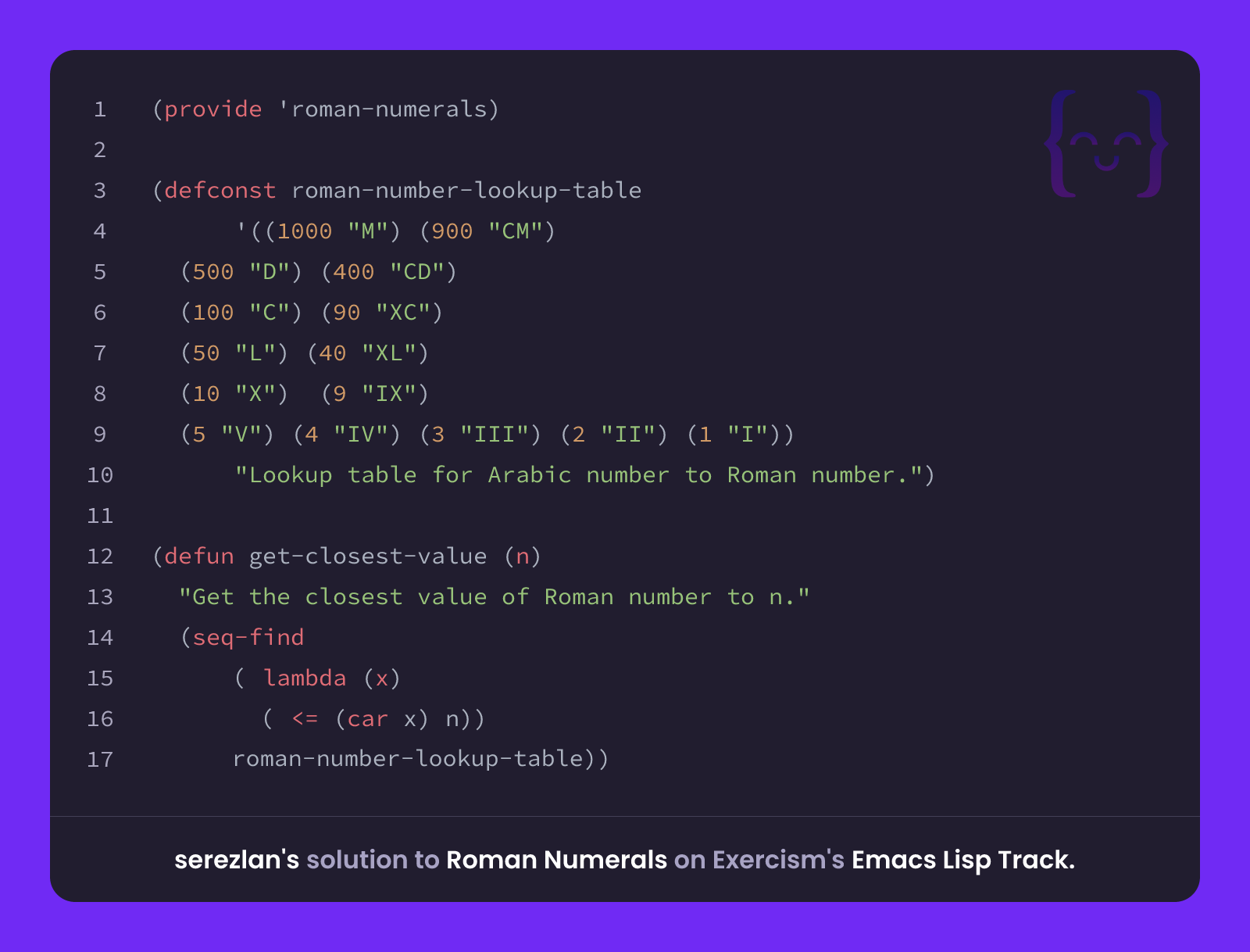 serezlan's solution for Roman Numerals in Emacs Lisp on Exercism
