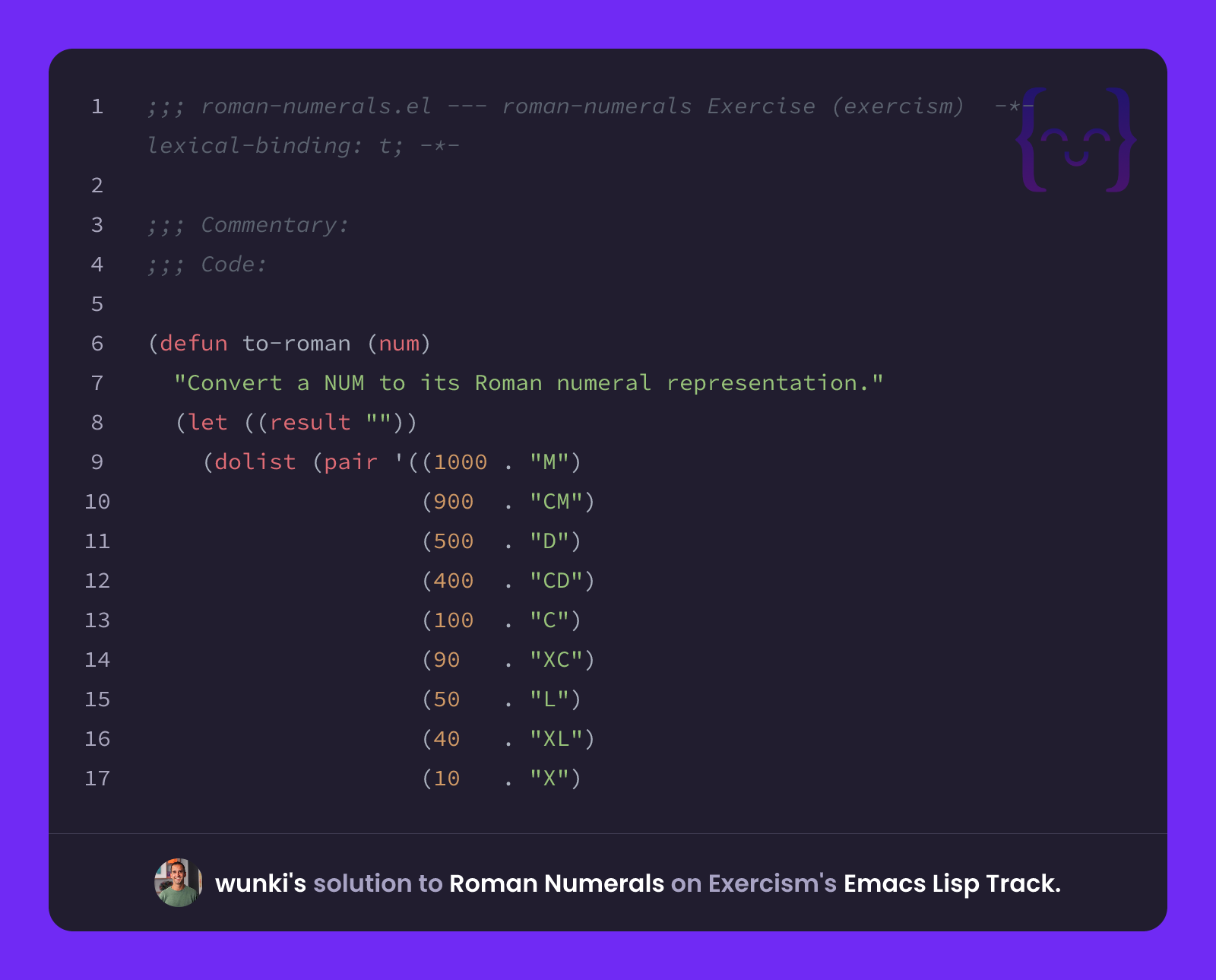 wunki's solution for Roman Numerals in Emacs Lisp on Exercism