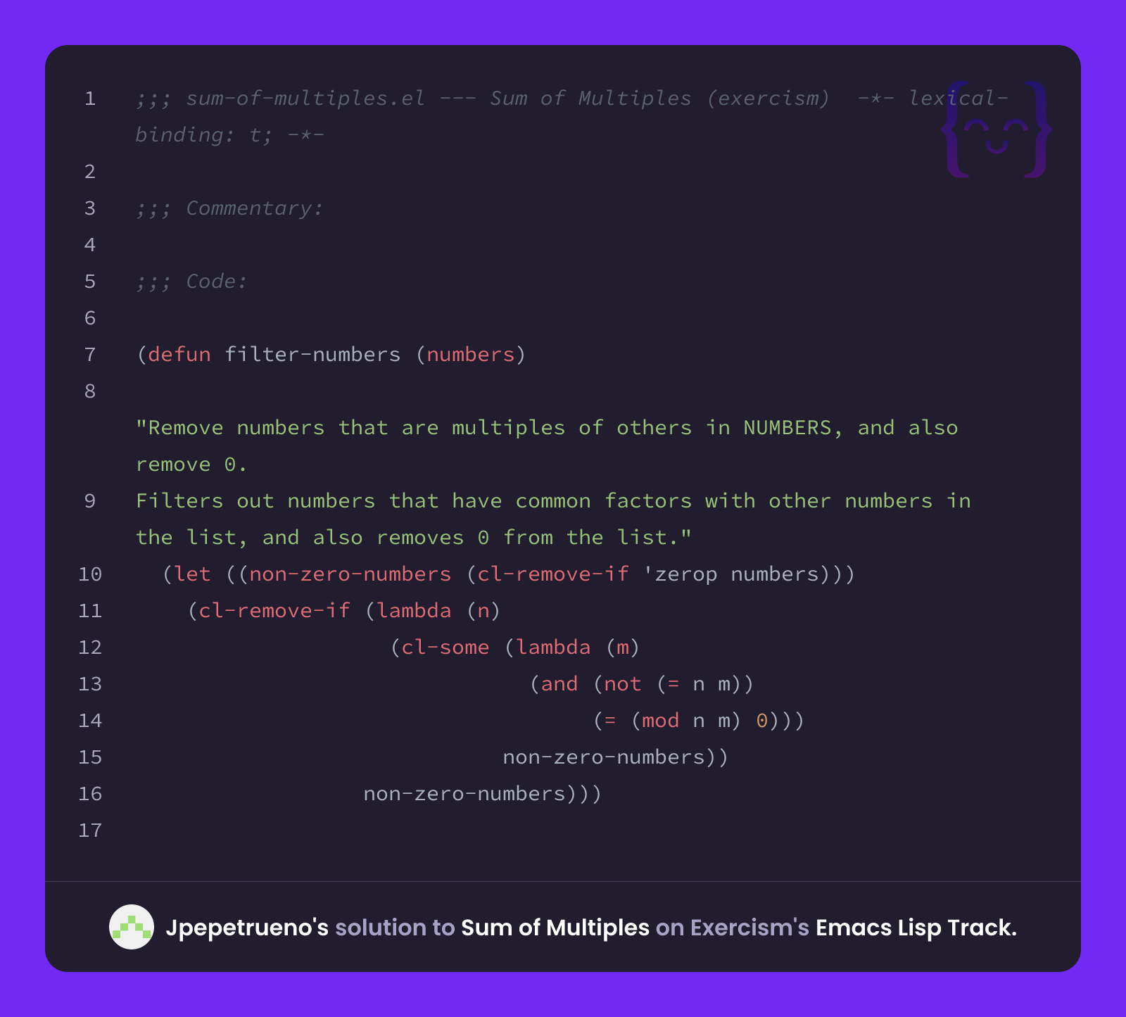 Jpepetrueno's solution for Sum of Multiples in Emacs Lisp on Exercism