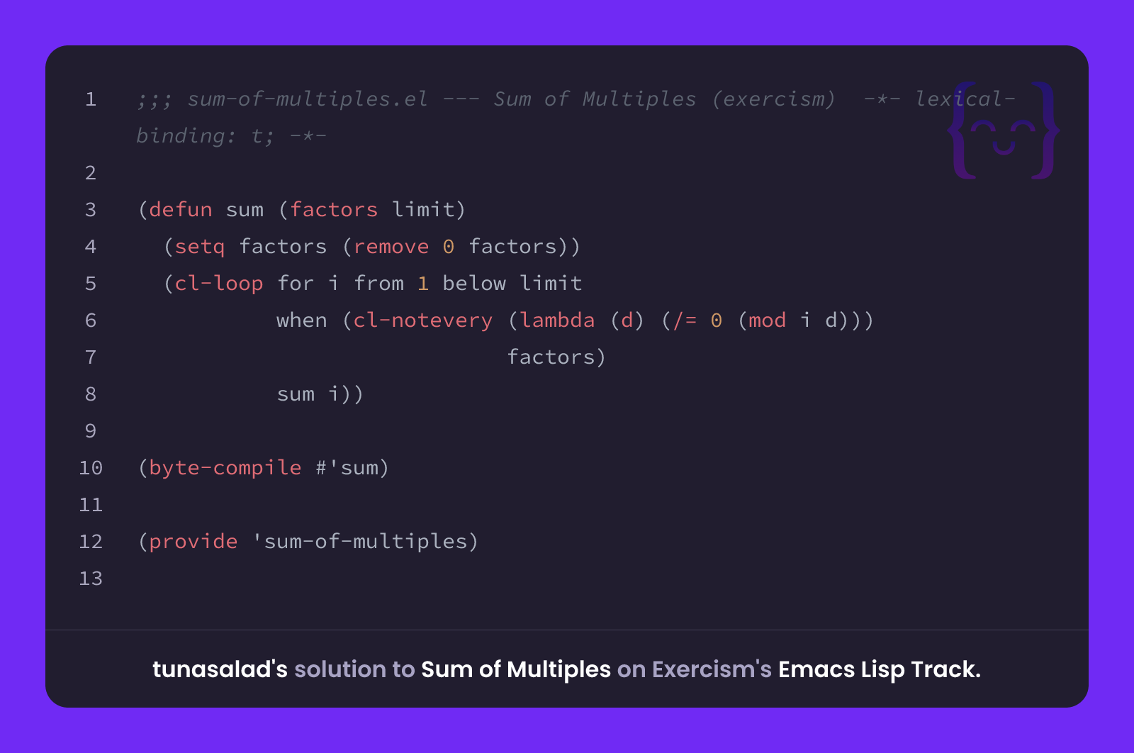 tunasalad's solution for Sum of Multiples in Emacs Lisp on Exercism