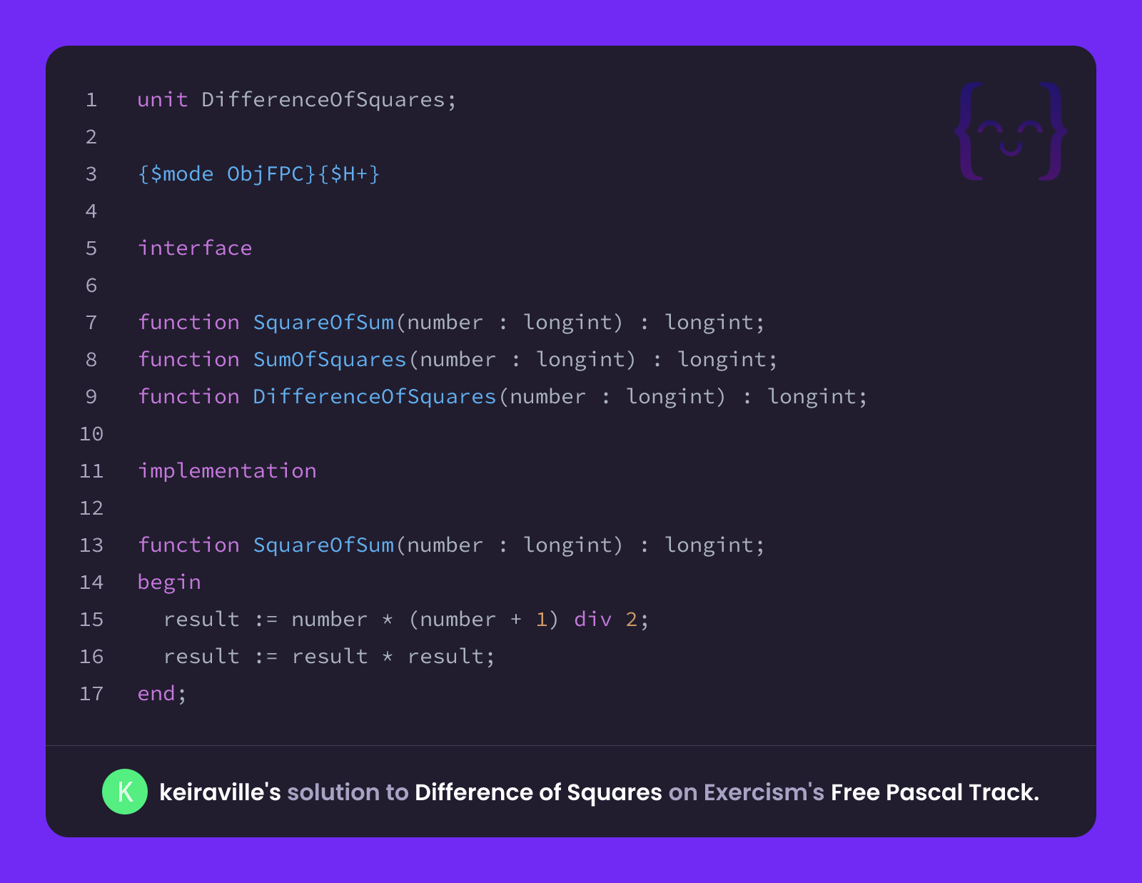 keiraville's solution for Difference of Squares in Free Pascal on Exercism