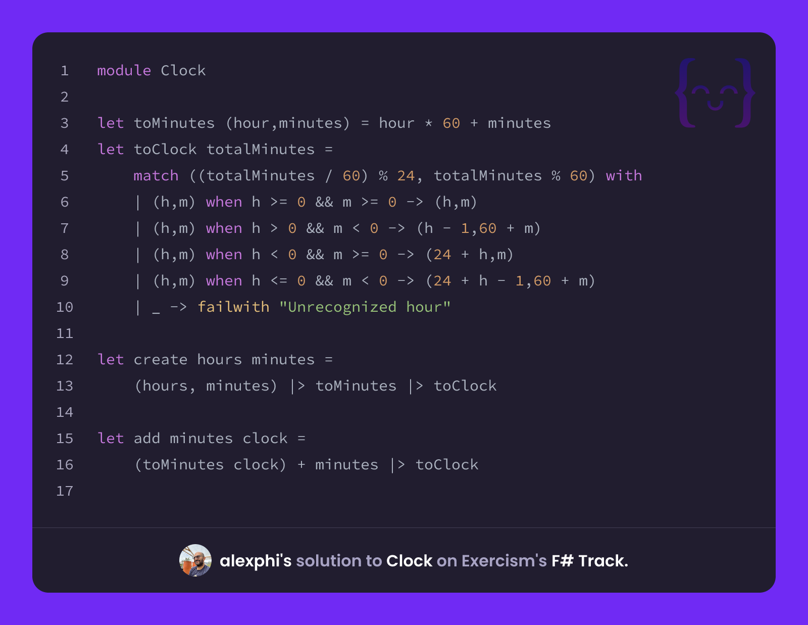 alexphi's solution for Clock in F# on Exercism
