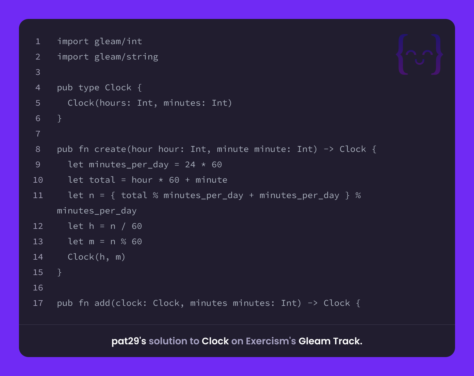 pat29's solution for Clock in Gleam on Exercism