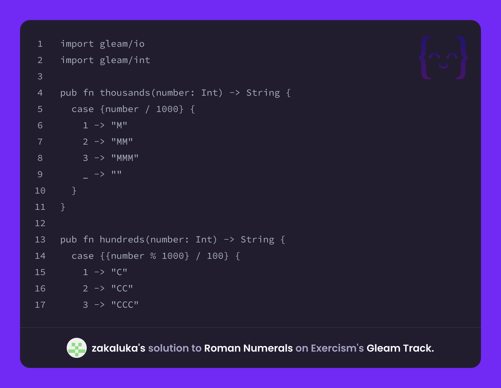 zakaluka's solution for Roman Numerals in Gleam on Exercism