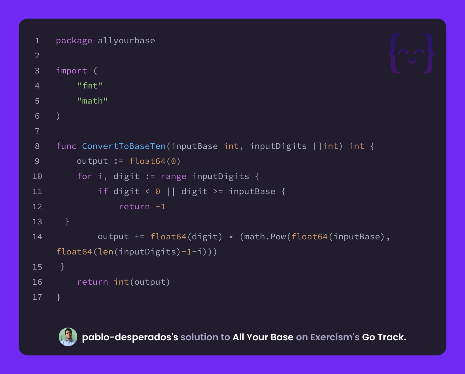 pablo-desperados's solution for All Your Base in Go on Exercism