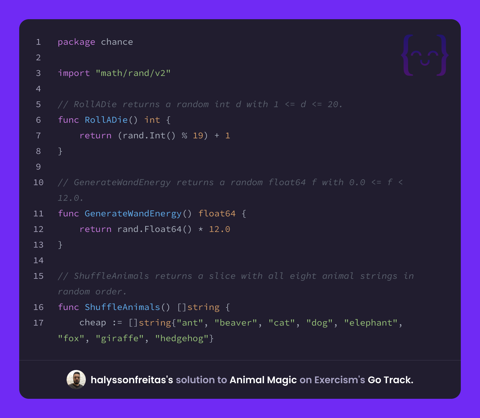 halyssonfreitas's solution for Animal Magic in Go on Exercism