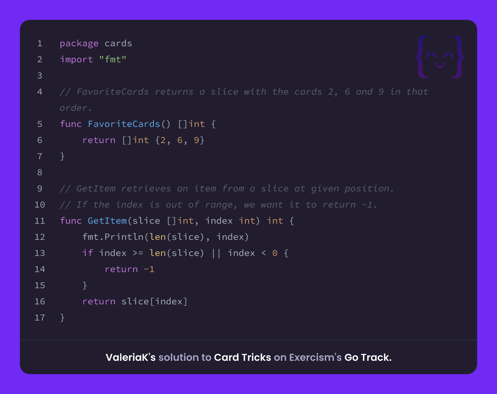 ValeriaK's solution for Card Tricks in Go on Exercism