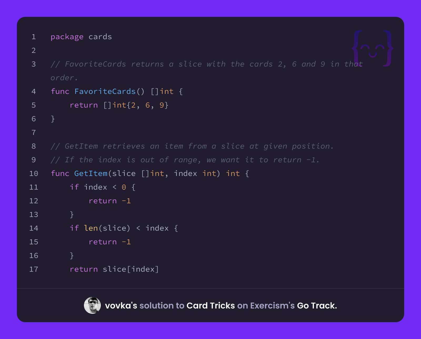 vovka's solution for Card Tricks in Go on Exercism