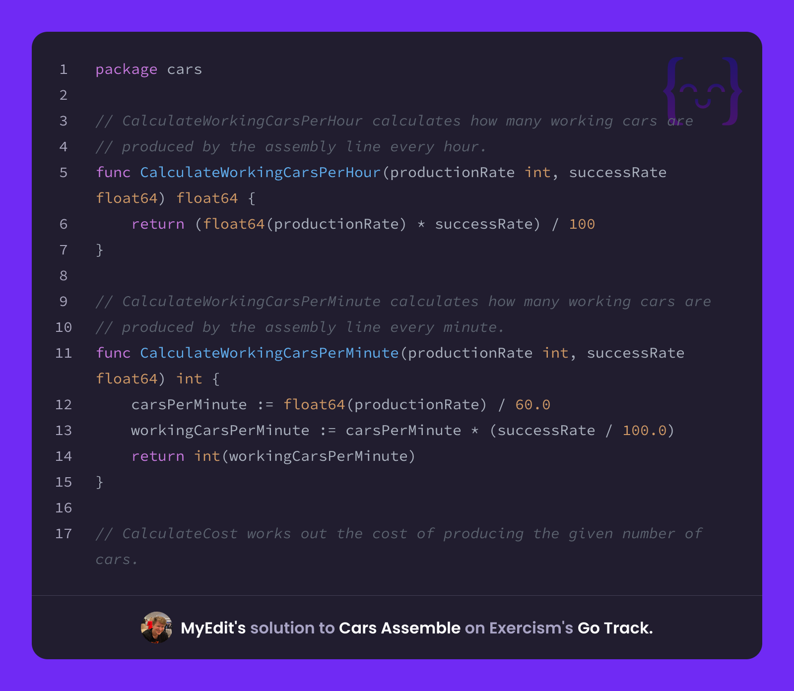 MyEdit's solution for Cars Assemble in Go on Exercism