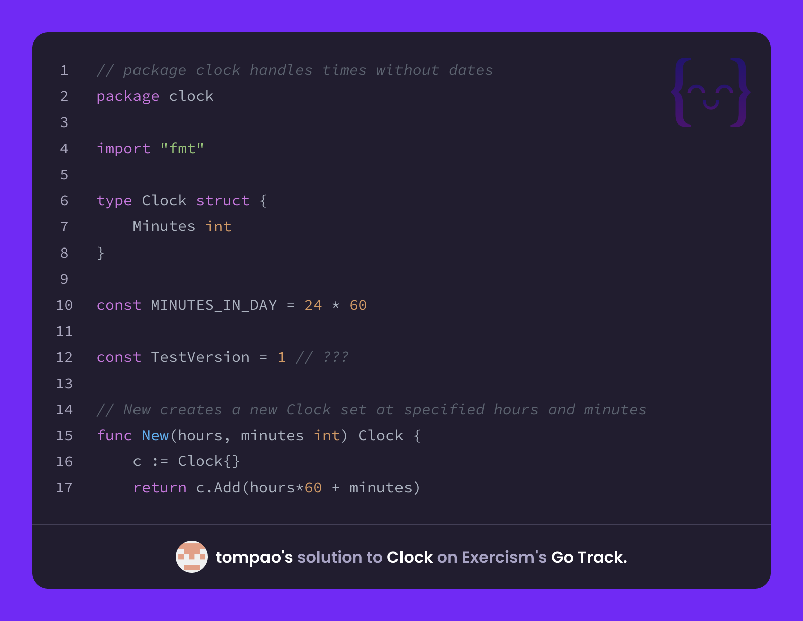 Session Goademo Time tompao's solution for Clock in Go on Exercism