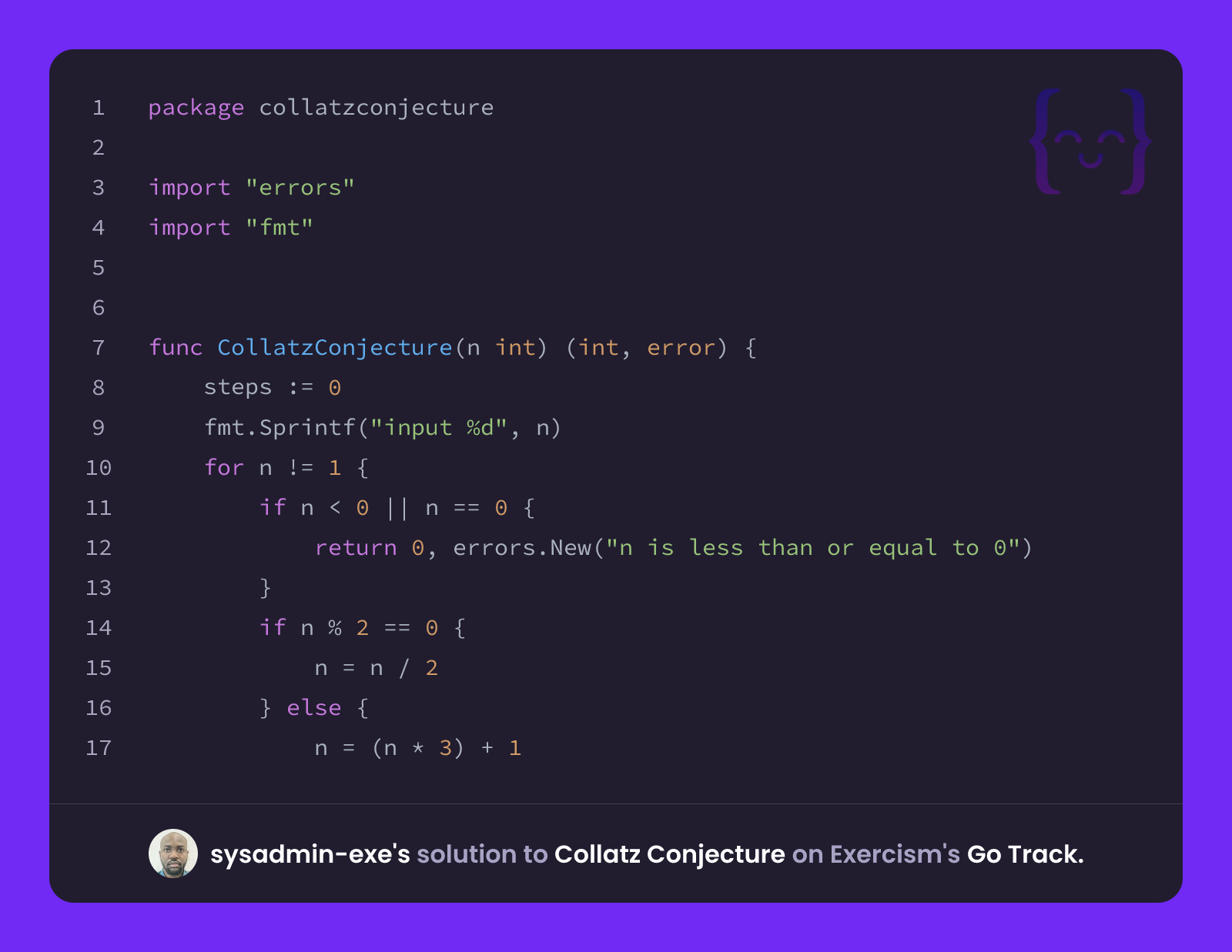 sysadmin-exe's solution for Collatz Conjecture in Go on Exercism
