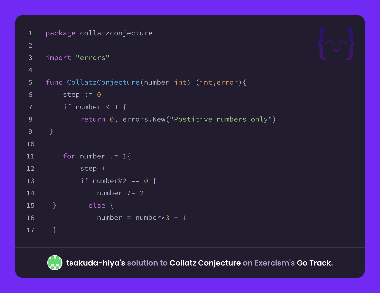 tsakuda-hiya's solution for Collatz Conjecture in Go on Exercism