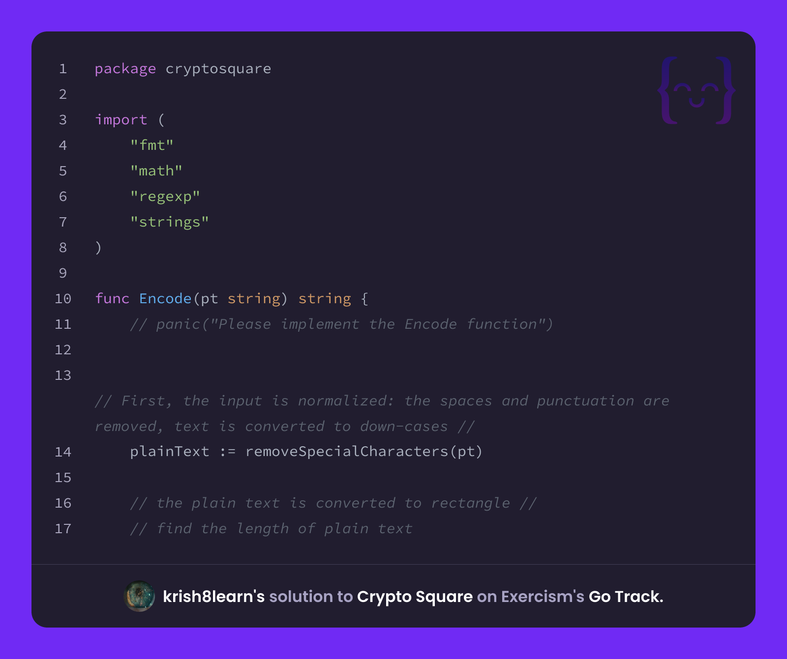krish8learn's solution for Crypto Square in Go on Exercism