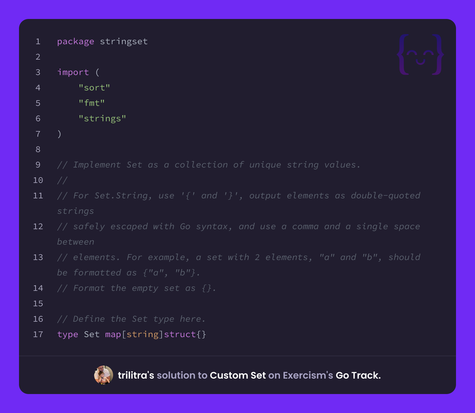 trilitra's solution for Custom Set in Go on Exercism