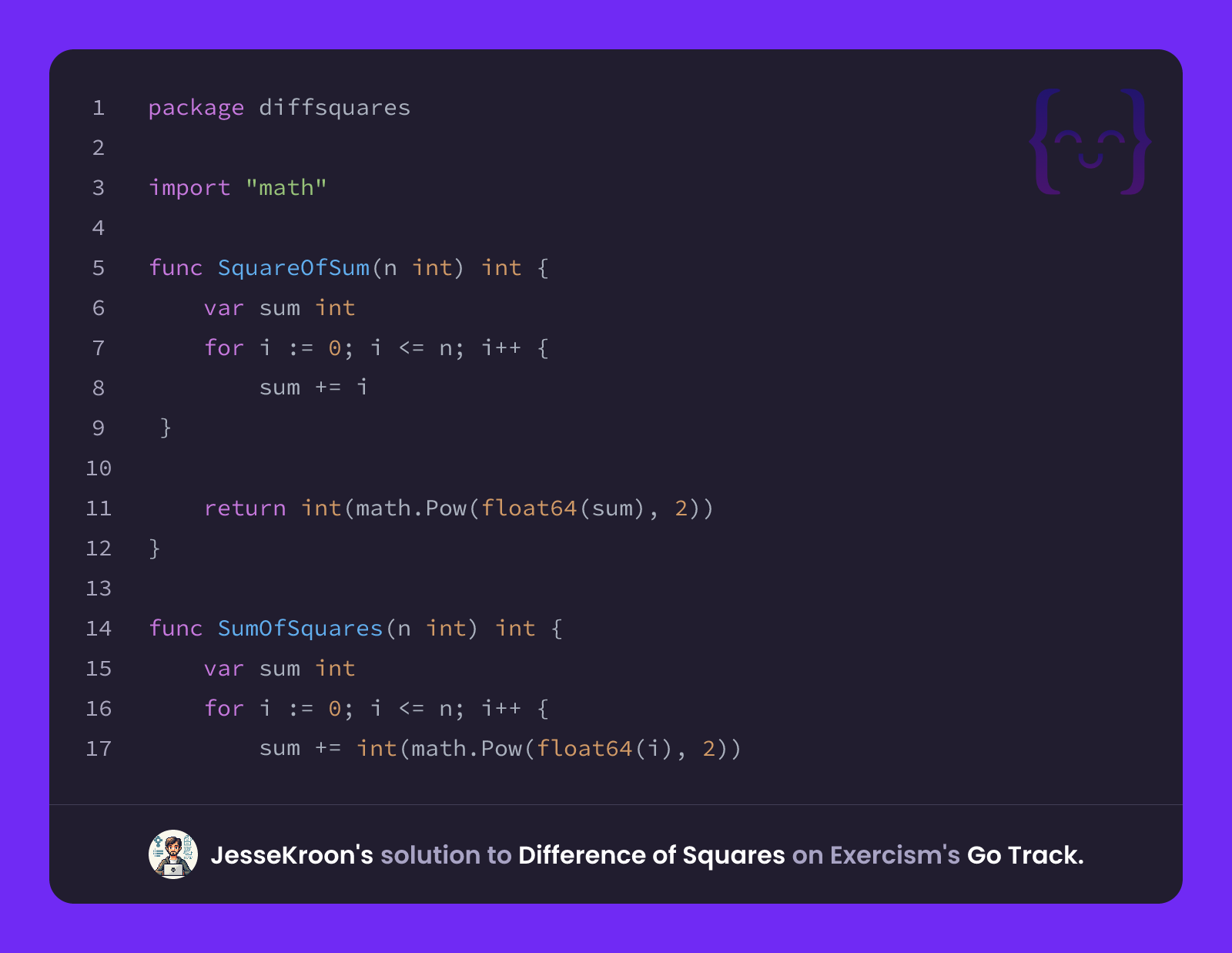 JesseKroon's solution for Difference of Squares in Go on Exercism