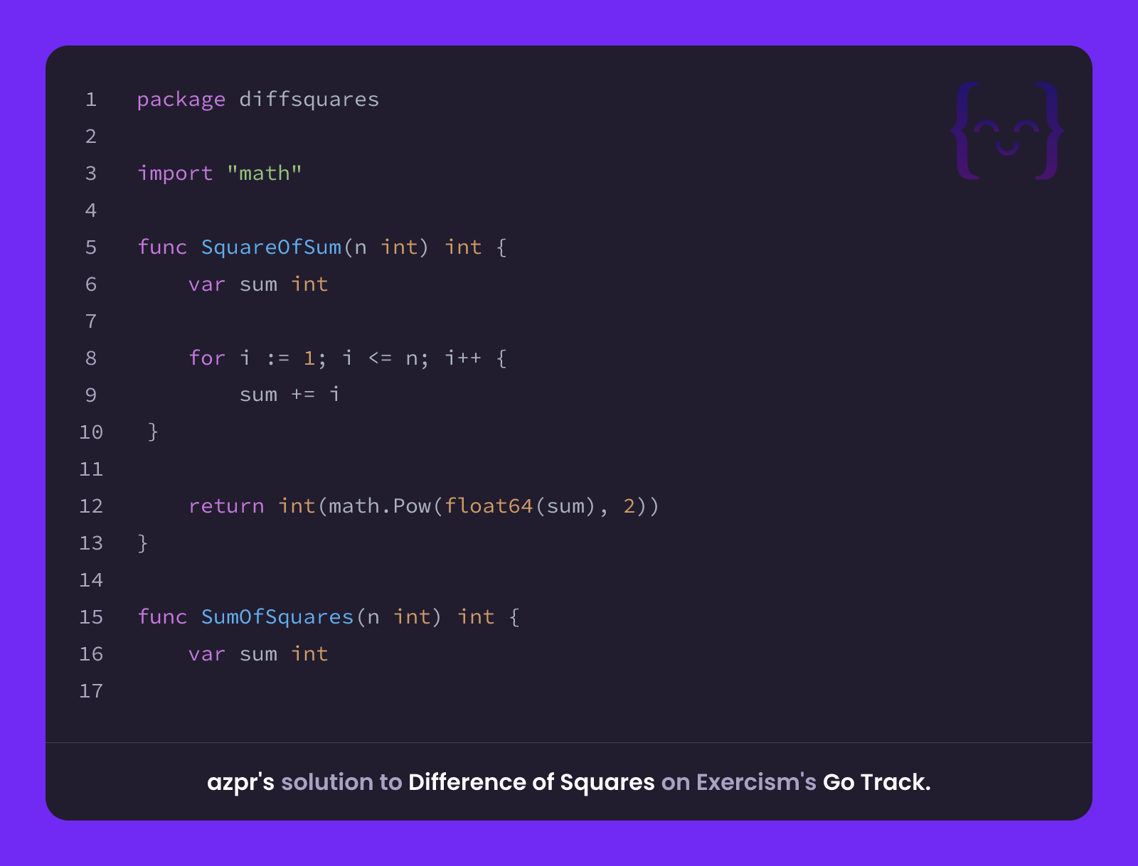 azpr's solution for Difference of Squares in Go on Exercism
