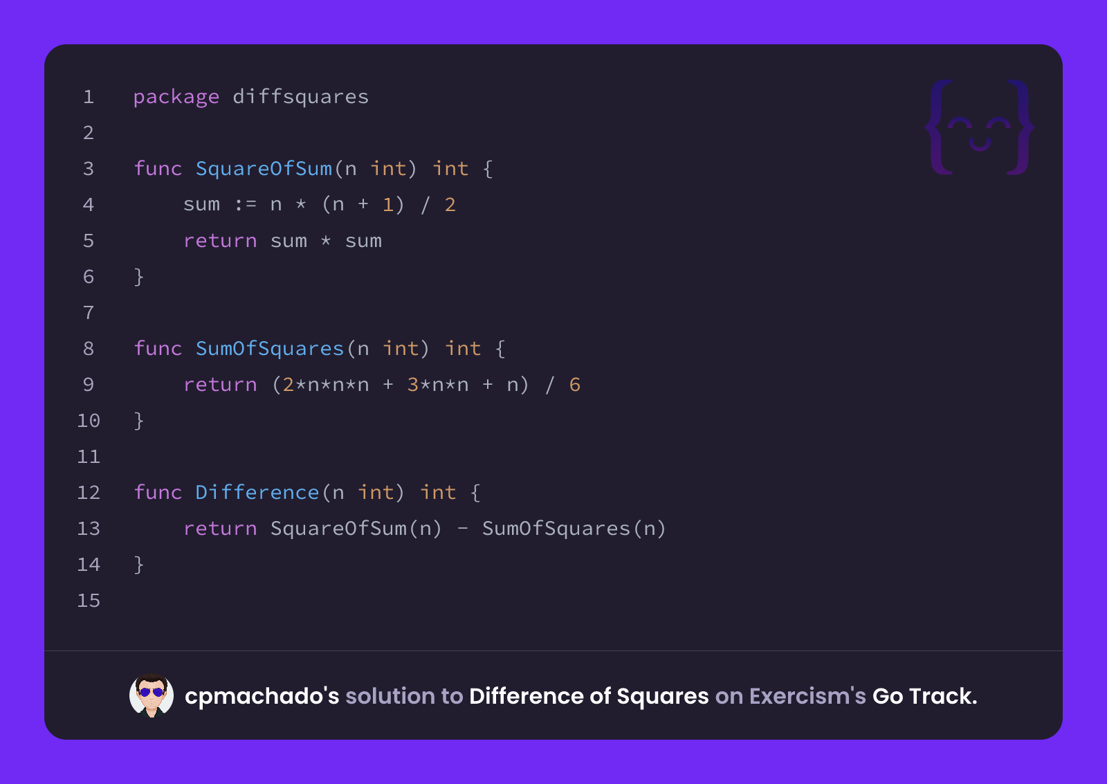 cpmachado's solution for Difference of Squares in Go on Exercism