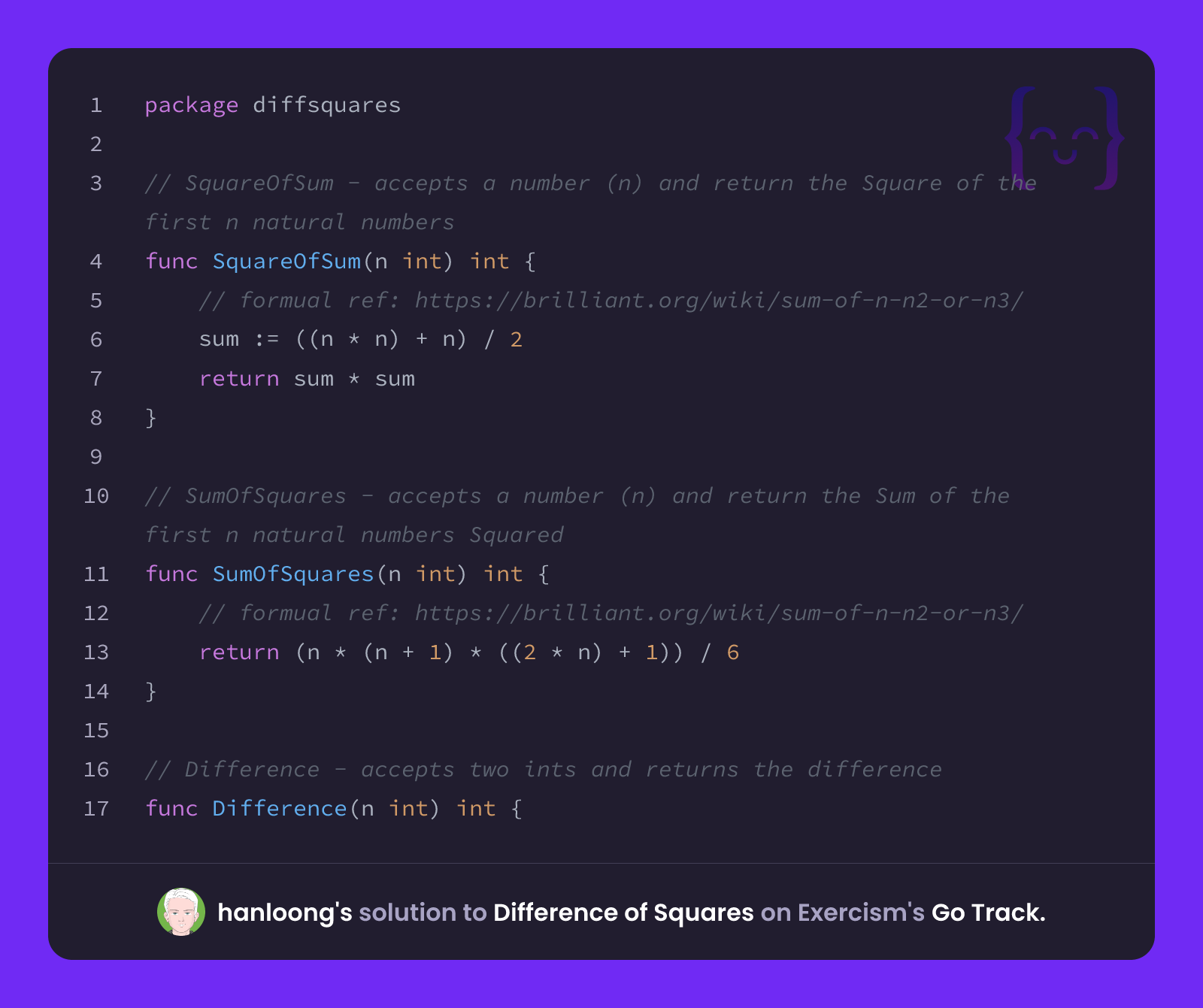 hanloong's solution for Difference of Squares in Go on Exercism