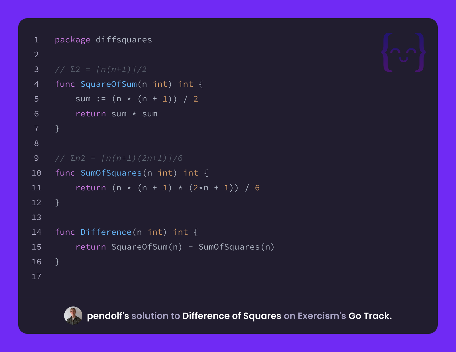 pendolf's solution for Difference of Squares in Go on Exercism